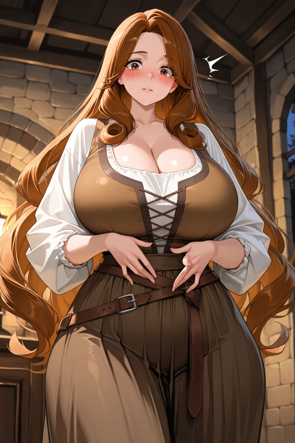 solo, female, sfw, medium shot, long wavy hair, brown hair, brown eyes, centaur girl, brown horse ears, huge breasts, scholar, modest clothes, autitorium, from the waist up