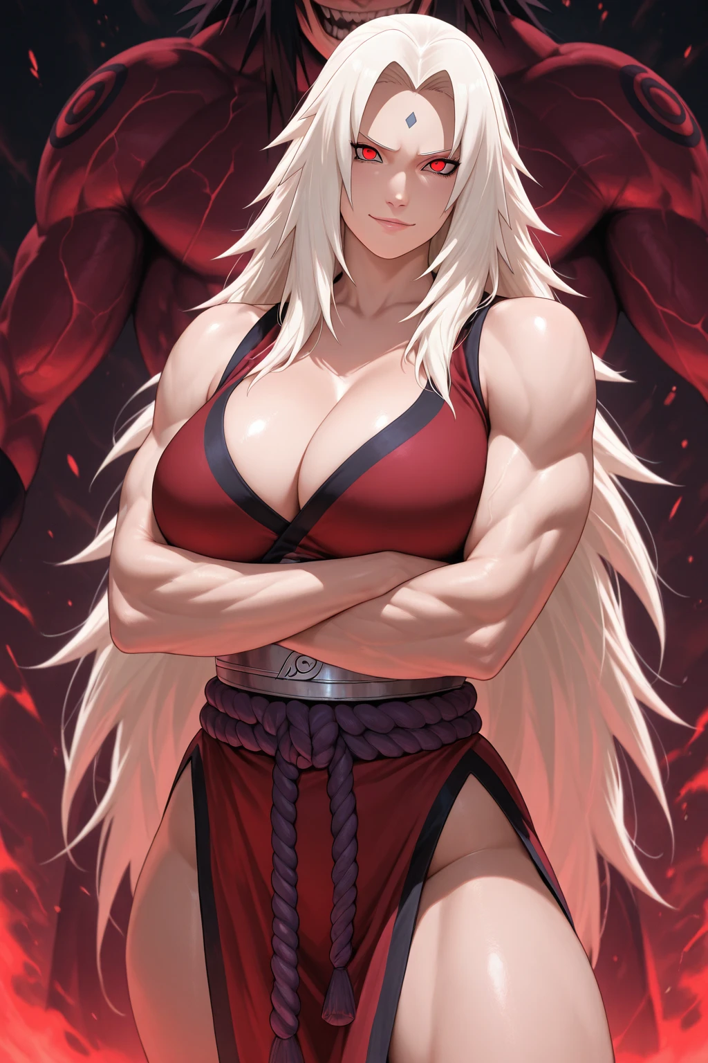 close-up areola slip,masterpiece, best quality, detailed:1.2),Perfect female body,1girl,Kratos, female focus,white long hair,(disgust),(blush),(scornful eyes),red lip,pale skin,off shoulder,tattoo,navel,thigh strap,boxing ring,breast curtains, gigantic breasts,areola_slip, sweatiest,panties,raised fist