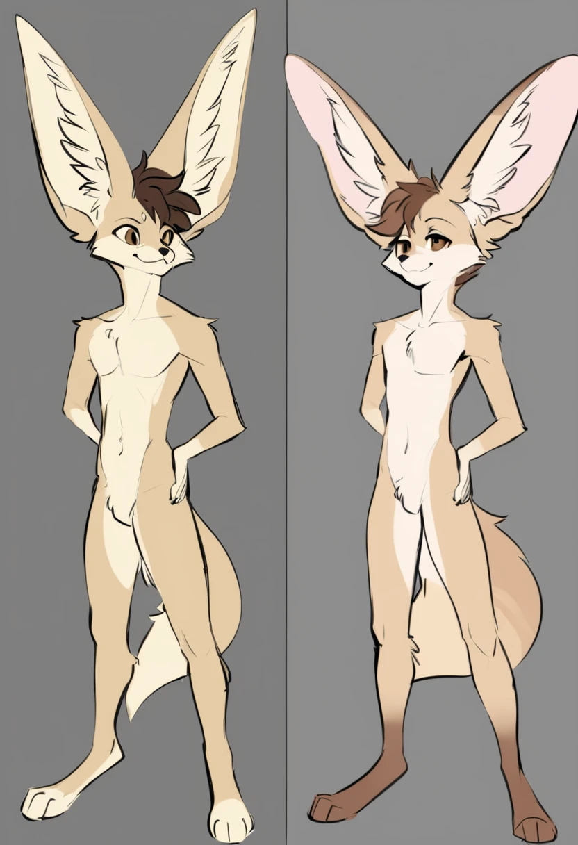 Solo, male, standing, by bebebebebe, slim, skinny, (((femboy))), (hair), deer, smiling, white spots, nude, thick penis, equine penis