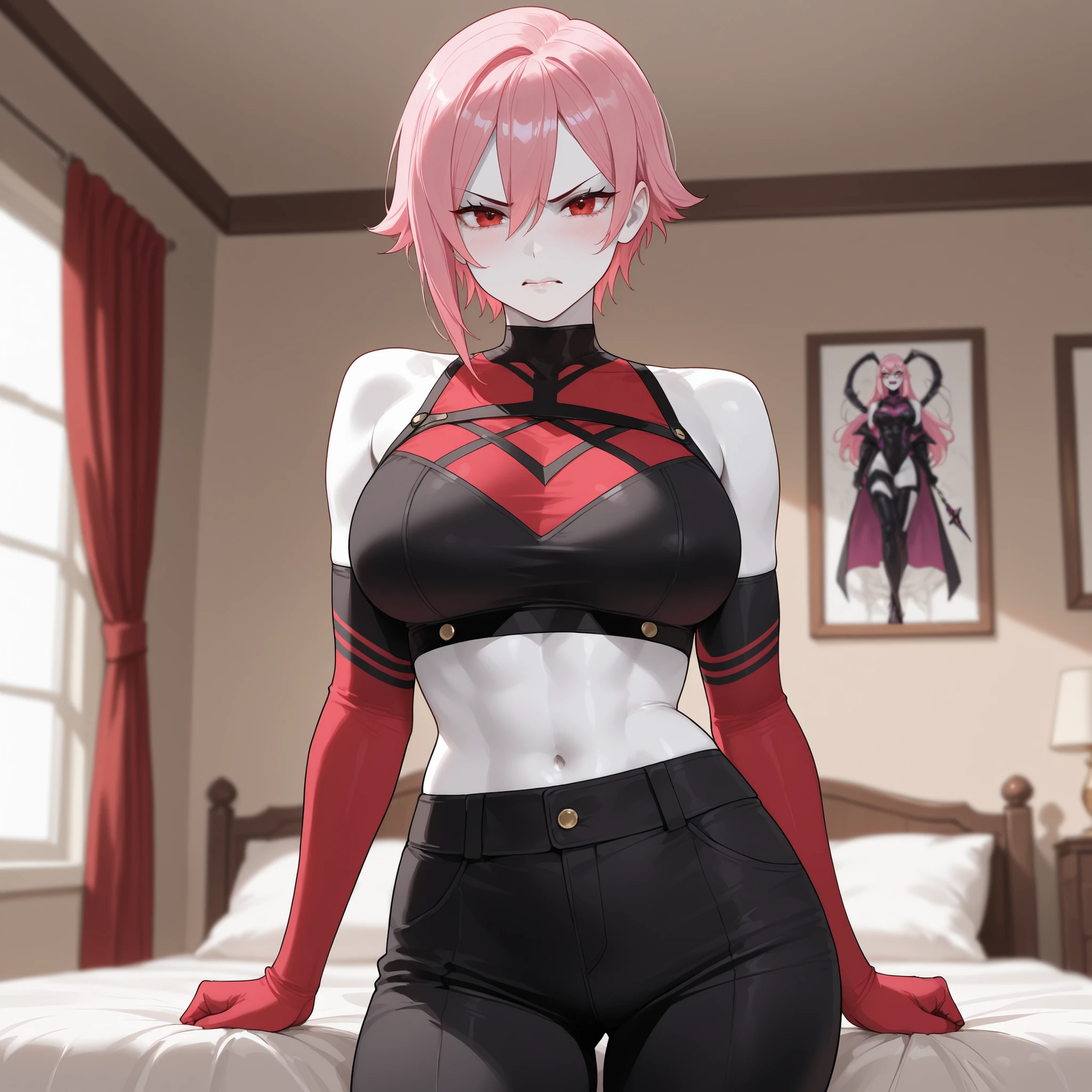2heads, tall skinny woman with 2 heads. In a university dorm room. Short messy pink hair. Wearing a beanie. Wearing underwear. Many piercings and tattoos. Eyeliner, baggy eyes. Mature, tall. Smirking, happy. Large breasts. 