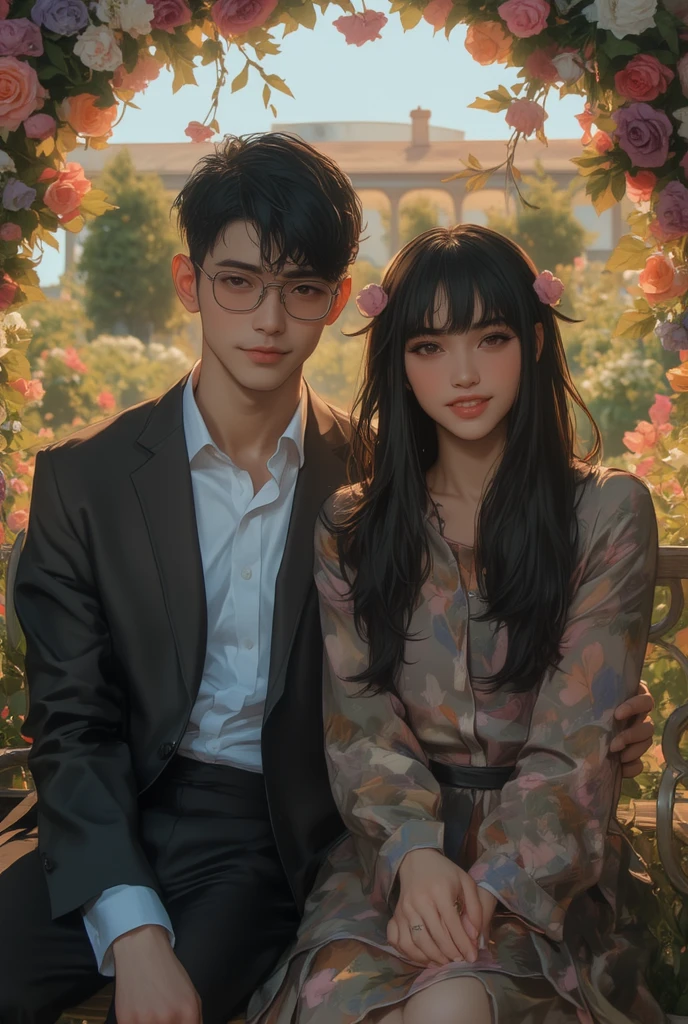 Novel about male and female lovers  Young man wearing a white shirt and glasses  And a sexy red dress girl, pub, night, sitting on your lap, provocative, beautiful, city view.