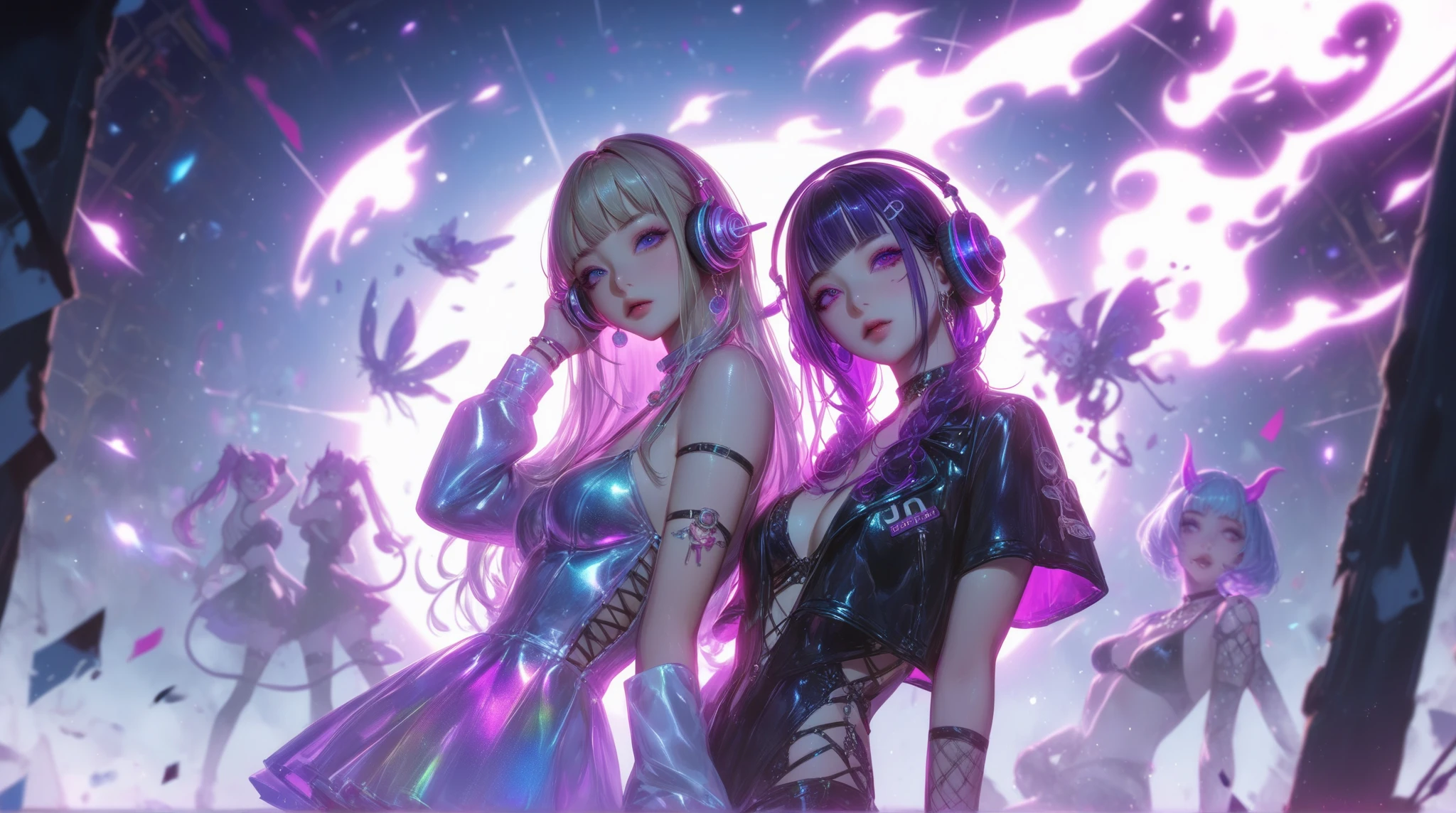 Upper body,  Female DJ, colorful clothes , Strange, Vibrant look,  Playful accessories, creative act, Imaginative, Sensual, spontaneous, DJ headphones, mixer, Music Club, nightclub, Indie Theatre, People dancing on dance floor background,  Underground banquet hall,  best quality, texture, intricate details, (movie lighting), original photo, 8k