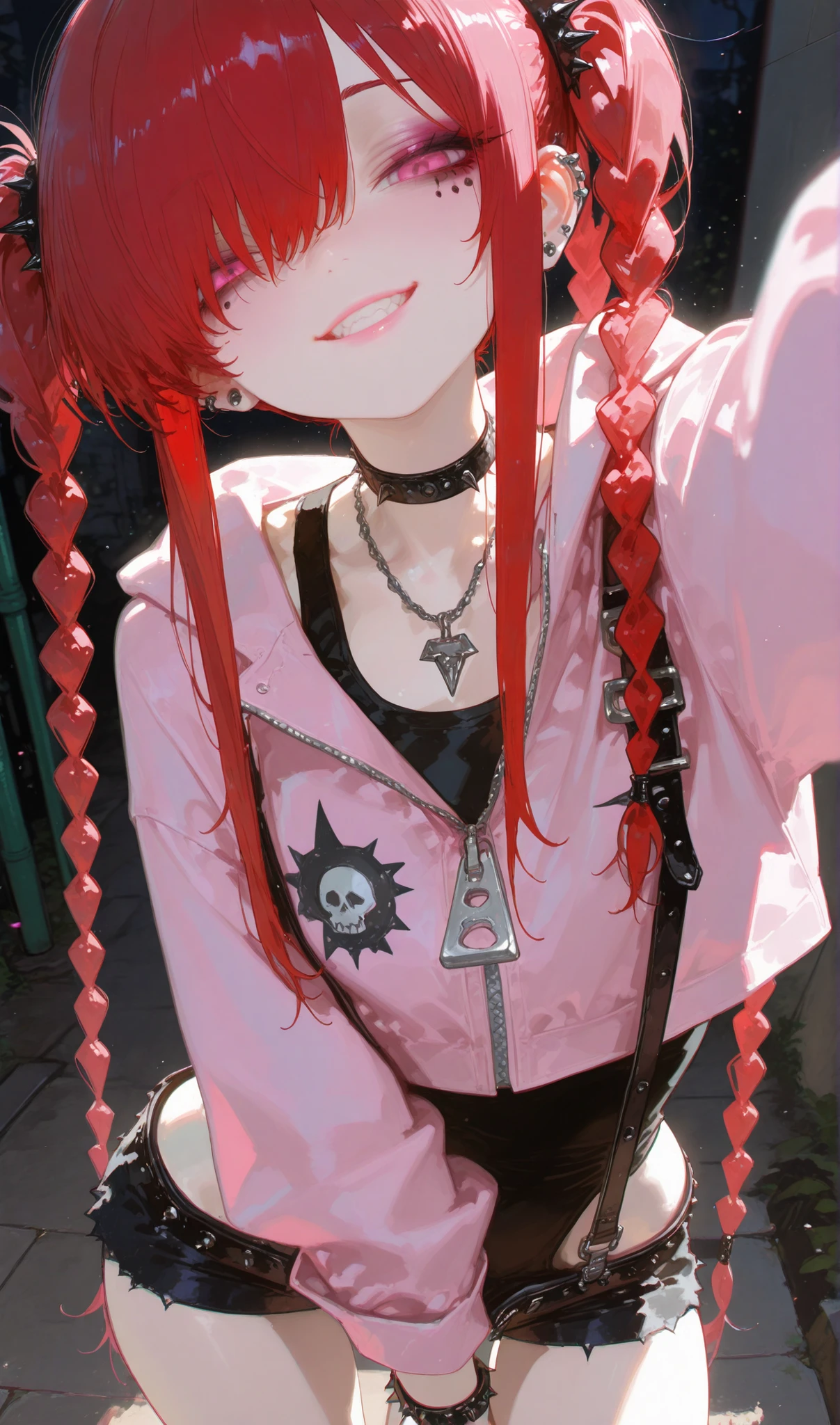 (masterpiece:1.35), (very aesthetic, best quality:1.3), highly detailed, backlit, absurdres, close-up view, detailed shading, solo, bracelets, tattoos, septum piercing, piercings, looking at viewer, parted lips, smile, teeth, adorable, cute, flat_anime style, no lineart, 

Outdoors, chromatic aberration, light particles, 

1girl, young woman, bratty, punk makeup, perfect tan skin, perfect face, expressive, (petite), slender, Female, red hair, braided twintails, multiple braids, very long sidelocks, hair over one eye, attractive, black nails, rings, necklace, smooth skin, pink eyes, happy, hair behind ear, lips, eyelashes, eyeliner, eyebrows,

Standing, dynamic pose, black tanktop, cropped jacket, pink-camoflage, pink jacket, long sleeves, microshorts, loose and oversized shorts, straps, suspenders, zipper, buckles, intricate details, complex layering, complex outfit,
