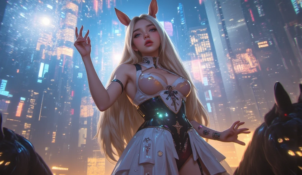 master-piece,hyper quality, hyper detailed,perfect drawing,CG,3D,8k,illustration, solo, green eyes, beautiful girl with pink hair to long rabbit ears, gal, brown skin tanned skin (1,5), gal makeup, gal clothes, flashy hairstyle, flashy hair color Gal pose, night pool, moonlit night --auto --s2