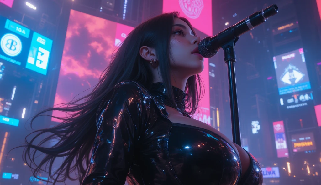araffe woman in a black dress holding a microphone in front of a band, ariana grande in star wars, soft devil queen madison beer, ariana grande, still from a music video, bella poarch, ariana grande in gta v, youtube video screenshot, performing a music video, music video, ariana grande as a sith, looks a blend of grimes, tyler