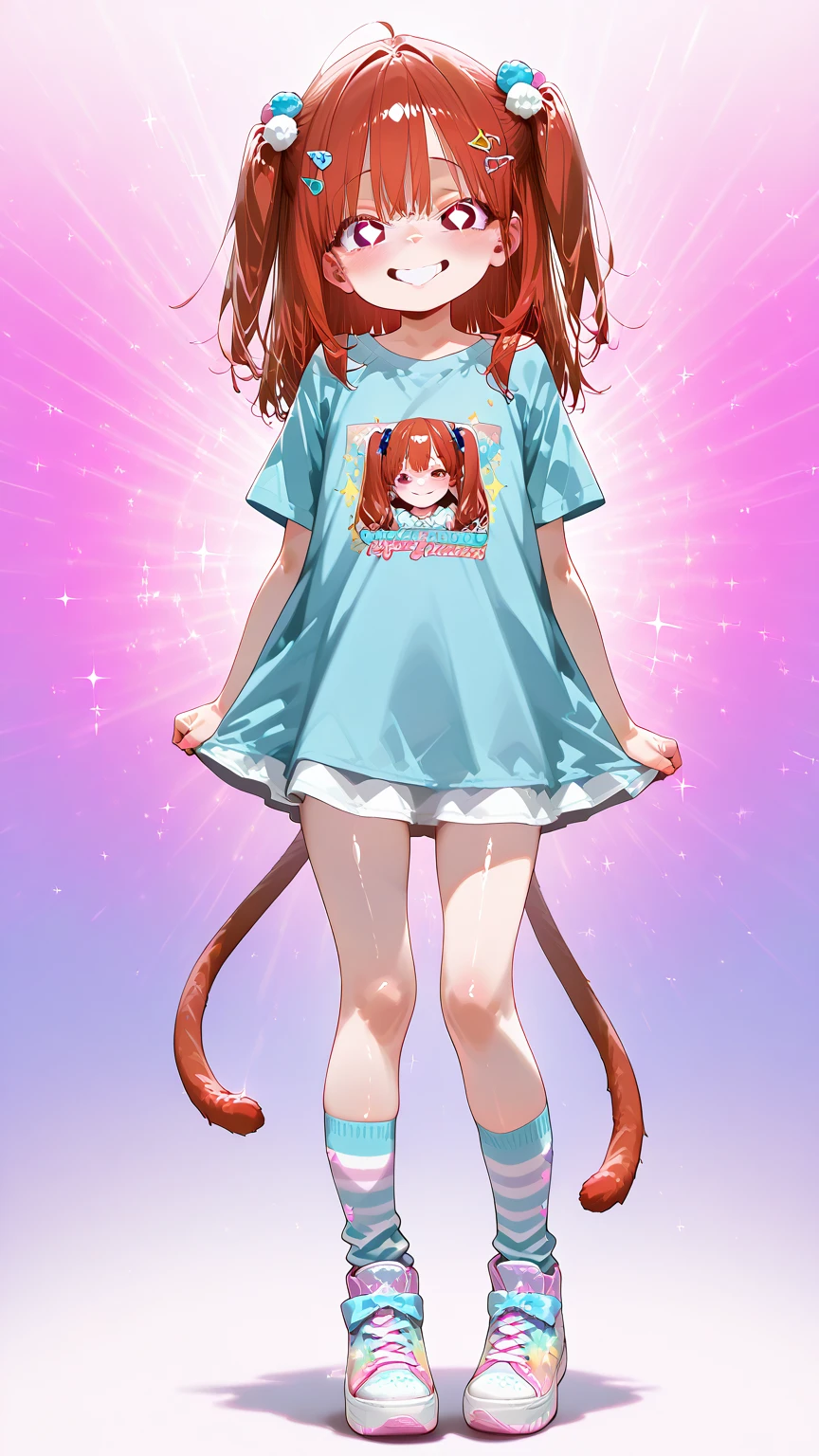 A girl , transformed into an anime style, with unique clothing and facial features light skin , big green eyes , thick lips , wavy red hair , chubby girl with big breasts and butt , of 1.58 meters high ,standing on a bustling city street, backlit background that highlights the subject, high contrast colors, 4K High Definition Quality,young, smiling, elegant, phone gamer girl