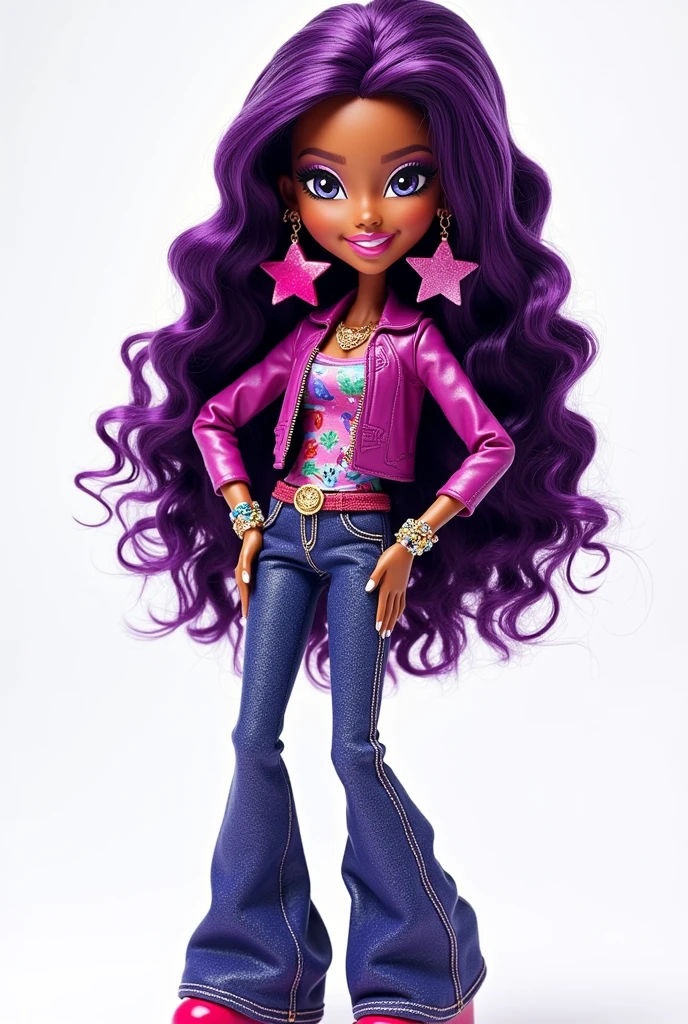 clawdeen, fur-trimmed jacket, jewelry, ear piercing, purple miniskirt, animal print shirt, makeup, thighhighs, eyeshadow, fangs, claws, fishnets