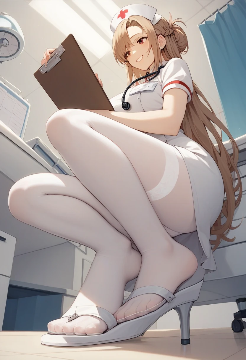 ​masterpiece, top-quality, 1girl in, length hair, nurse, big breasts 
White  pantyhose, sitting on, Spread your legs apart, Self peeing, embarrassed from, red blush, hospitals,Pee on a man