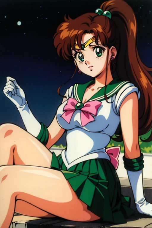 best quality, ultra-detailed, high resolution, 4k,((1990s \(style\),retro artstyle,1990s anime cels style,vivid colors)), night, sailor jupiter, standing, from behind, from below, sailor senshi uniform, green sailor color, white gloves, green pleated skirt, pink ribbon, white panties, ponytail, large breasts, (clothed:1.3), jewelry, earring, (vulgarity:1.4), (nose blush:1.2), sweat