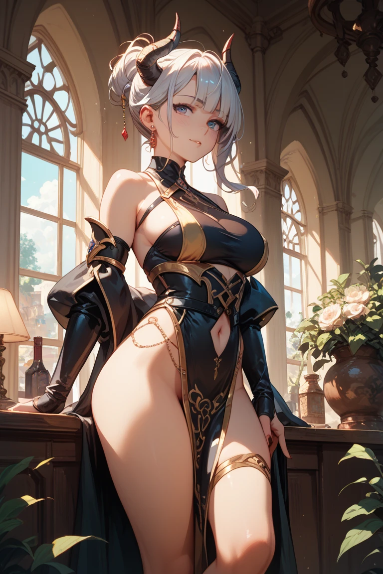 best quality, 32k, RAW photo, incredibly absurdres, extremely detailed, delicate texture, beautiful cute woman, glossy silver bob cut, hair over one eye, amorous and lewd expression, white leotard with gold embroidery, superlative body proportion, background iridescent full moon