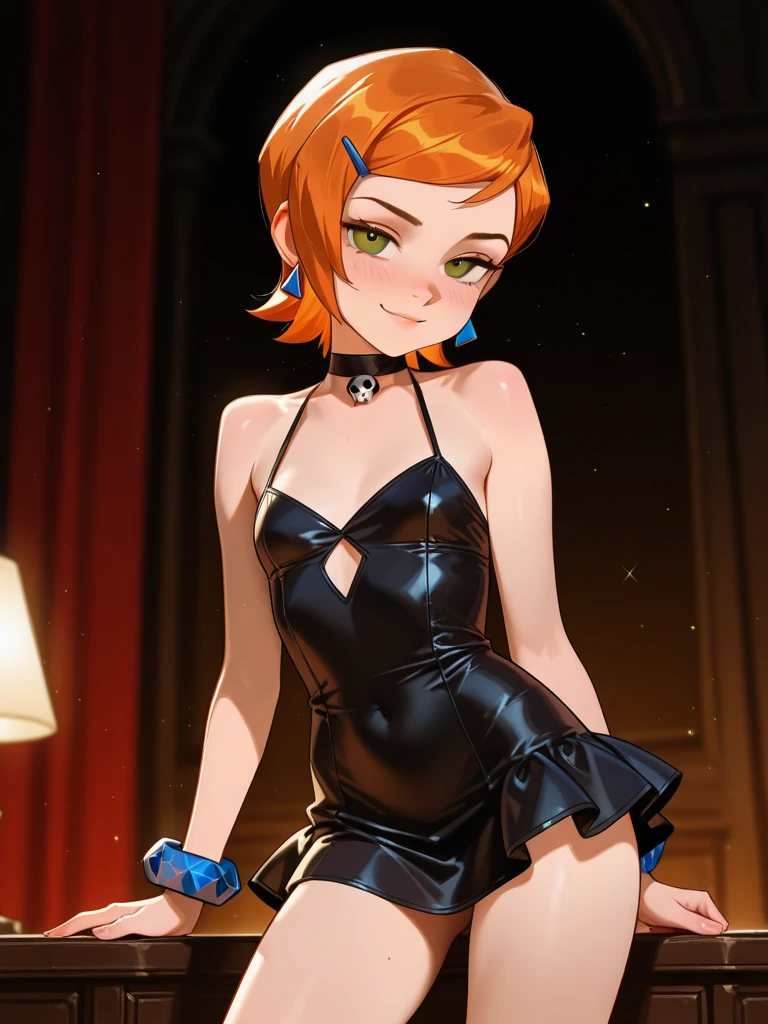 (Masterpiece), Best Quality , ultra-detailed, 1girl (Gwendolyn_Tennyson, breasts, orange hair, short hair, , red eyes, half-closed eyes), a evil face, smirk,  solo, , purple latex leotard, bare shoulders,  sleeveless, brown pantyhose,  purple long gloves, in the  room, night time,  standing, Sexy waist teasing, arms up pose,  hands on head,   from_below 