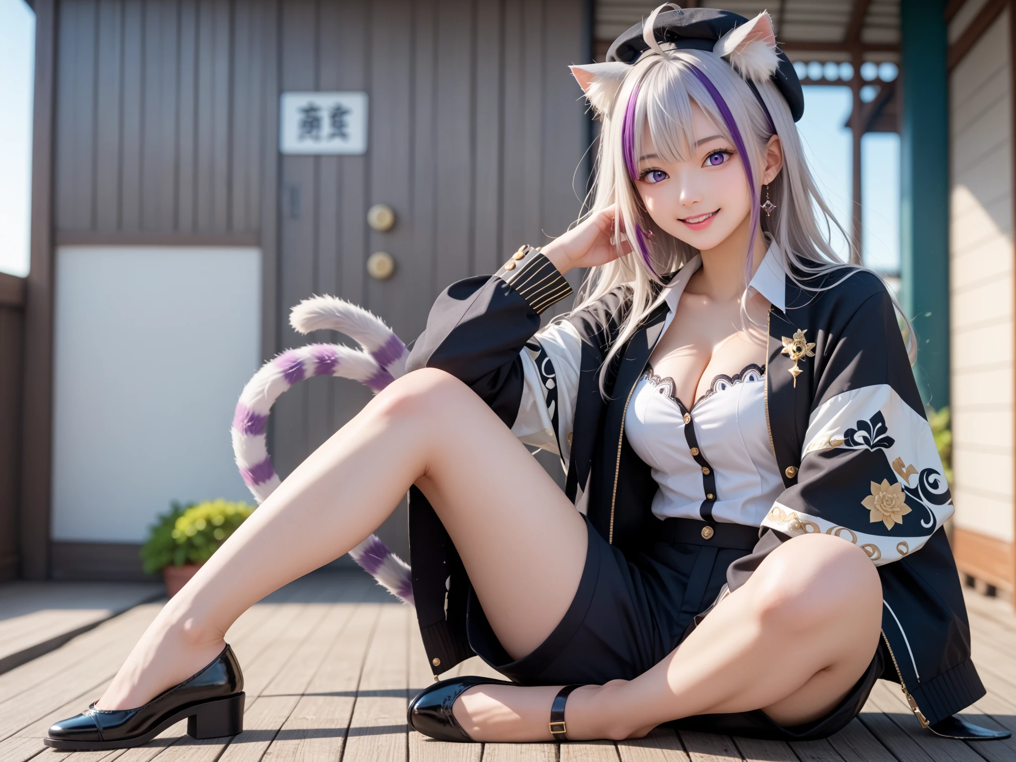 anime girl, white pantyhose, white clothes, white boots, long silver hair, purple eyes, sexy pose, highest quality, cleavage、beautiful eyes、smile