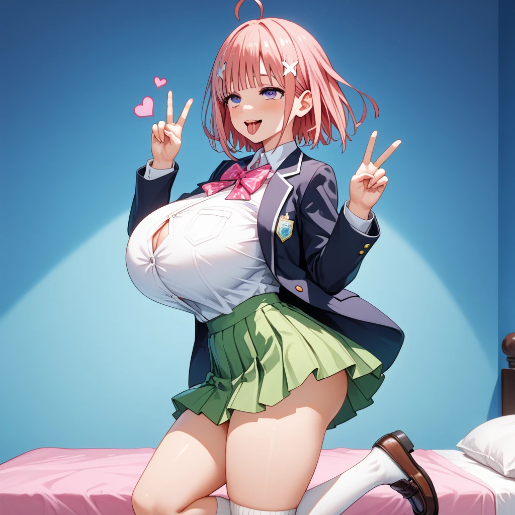 Luminal reflexes, Natural light, Exciting, Triad color scheme, elegant, sensual:0.6, looking at the viewer, 1 girl, woman, alone, blush, open your mouth, smile, teeth, software, Mina Ashido, Jacket, grey Jacket, tie, red tie, skirt, green skirt, pleated skirt, socks, black socks, knee high socks,open shirt,show off bra,cleavage,(big tits:1.2),(huge breast:1.3),round breast,from below,toned stomach,skinny body, sweat,wet,smirk,nose blush,awaiting tongue ,frustrated,breast close-up,bent over