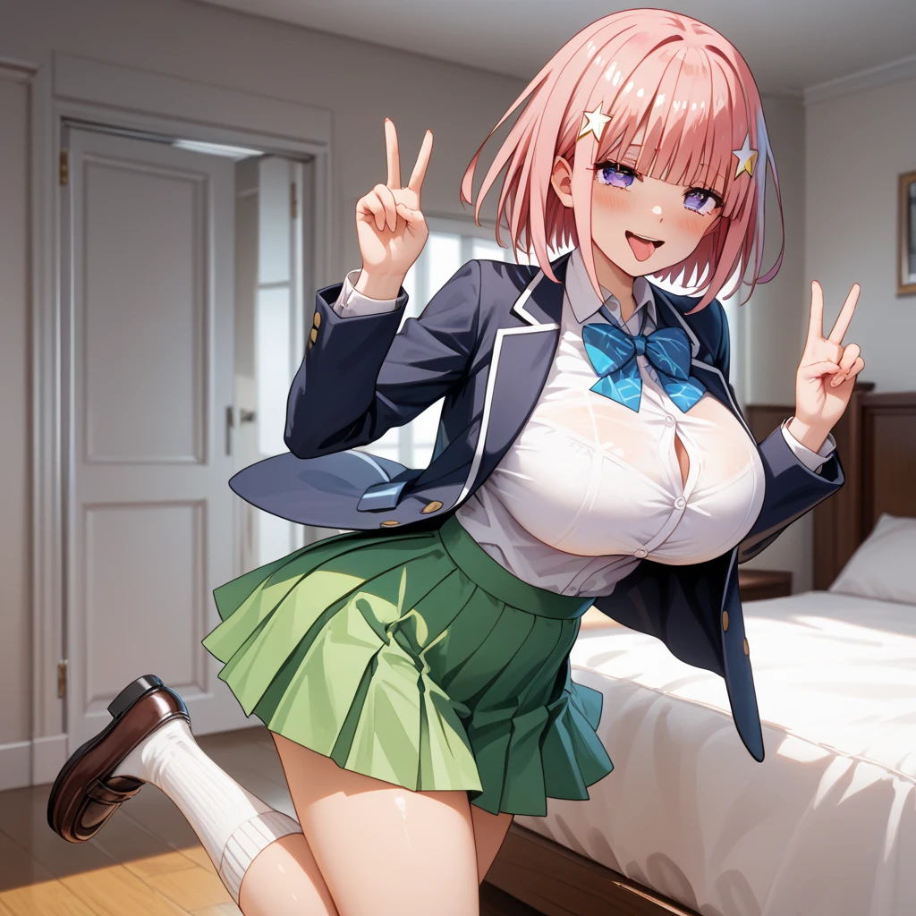 Nakano Ichika、Sex、Creampie、Ahegao、Pink Hair、short hair、One Girl、School、whole body、The chest is exposed、Pussy、Spread your legs、shirt、Yellow-green skirt、Cardigan to wrap around the waist、Nipples、Big Breasts、Double Peace