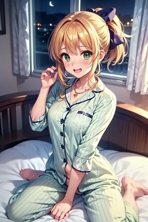 masterpiece,best quality, ultra-detailed,1girl(sakurai momoka, lovely small breasts, naked  body, wavy hair, long hair, blonde hair,  headband, pink flower in hair,green eyes,  half-closed eyes), a charming face,   parted lips, nose blush, blush, facing viewer , looking at viewer, head tilt, solo, pajama,  cleavage,  in the bedroom, night time, standing, seductive,  a seductive  pose 