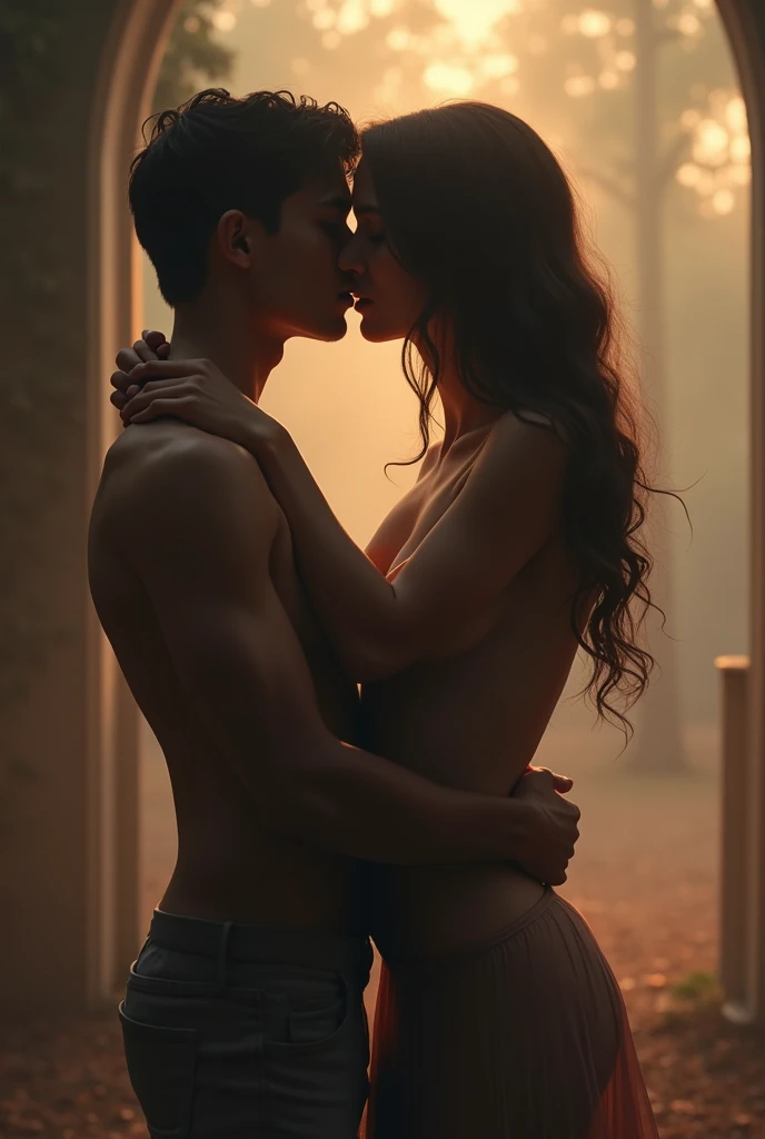 Ultra-high detail. Photorealism. Intimate atmosphere, flowing light. The atmosphere radiates tenderness, bliss and passion. My girlfriend and I are in some kind of dusty warehouse, my girlfriend in a short skirt sits on a table ((Skirt lifts up)), The girl wraps her legs around my waist. (I insert my dick into her horny wet pussy). Love juice is flowing from the pussy. We merge in the ??????? of love. In a fit of passion, almost all our clothes were taken off. My girlfriend throws her head back in bliss and moans loudly. Her long hair hangs down. No one had ever fucked her like that.