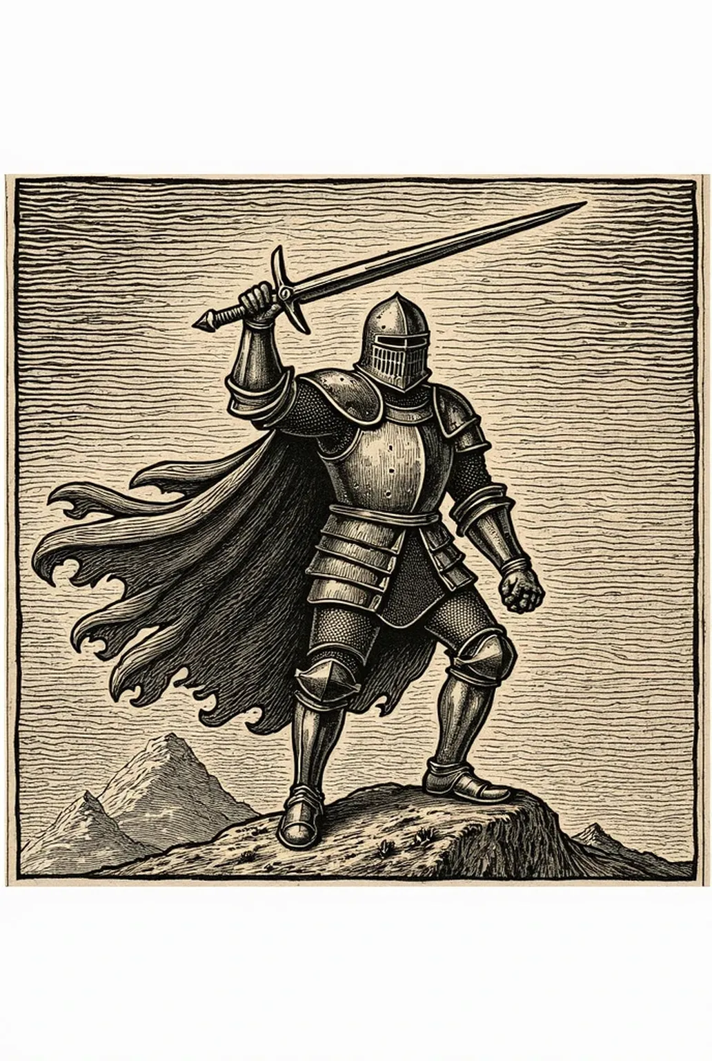 NauSKaaValOfWi, monochrome, greyscale, weapon, armor, helmet, sword, cape, holding_weapon, holding, 1boy, full_armor, male_focus, holding_sword, solo, gauntlets, shield, knight