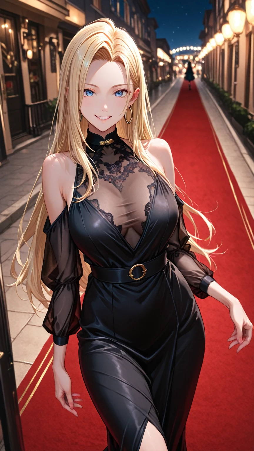 (masterpiece, top quality, very aesthetic, 4k、illustration), intricate detail, 1woman,solo,contrapposto 、(gradient eyes、tareme)、Strong glowing eyes、asymmetrical bangs,Fair skin,(cowboy shot)、beautiful women、Cleavage、light smile、(red lipstick),beautiful face、(gradient hair)、(blonde hair)、low ponytail、sidelock ,straight hair,green eyes、Evening Dresses、medium breasts、slender 、
