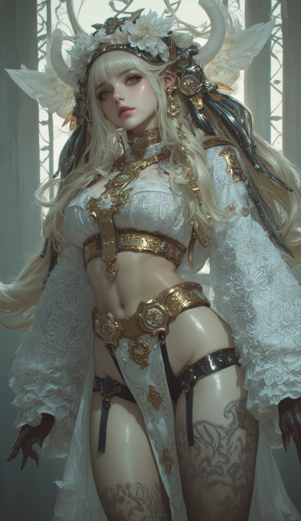 (high quality, ArtStation, Relax Art, fantasy style:1.2), (A beautiful cute girl), (long messy white hair:1.1), (intricate ornate black bra, stockings ), (intricate gold ornaments: 1.2)