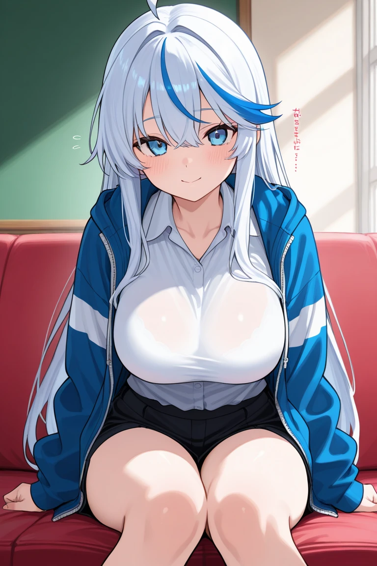 (((masterpiece))), ShizukaMikazuki, One Girl, alone, Looking at the camera, Long Hair, Gray Hair, Long sleeve, Cleavage, mega breasts,Large Breasts, Mature Body,,clavicle, Jacket, Open clothes, open Jacket, blue hoodie,choker with a charm,Play sports often,bicycle,Clear light blue eyes, Blushing,smile,Sweat,Thin-looking abdominal muscles,A shy and troubled expression,Open your mouth,Earrings,Park at dusk, Increase the size of the chest, Reduce the size of the face a bit more,Exposed nipples,Sitting pose,M-shaped legs