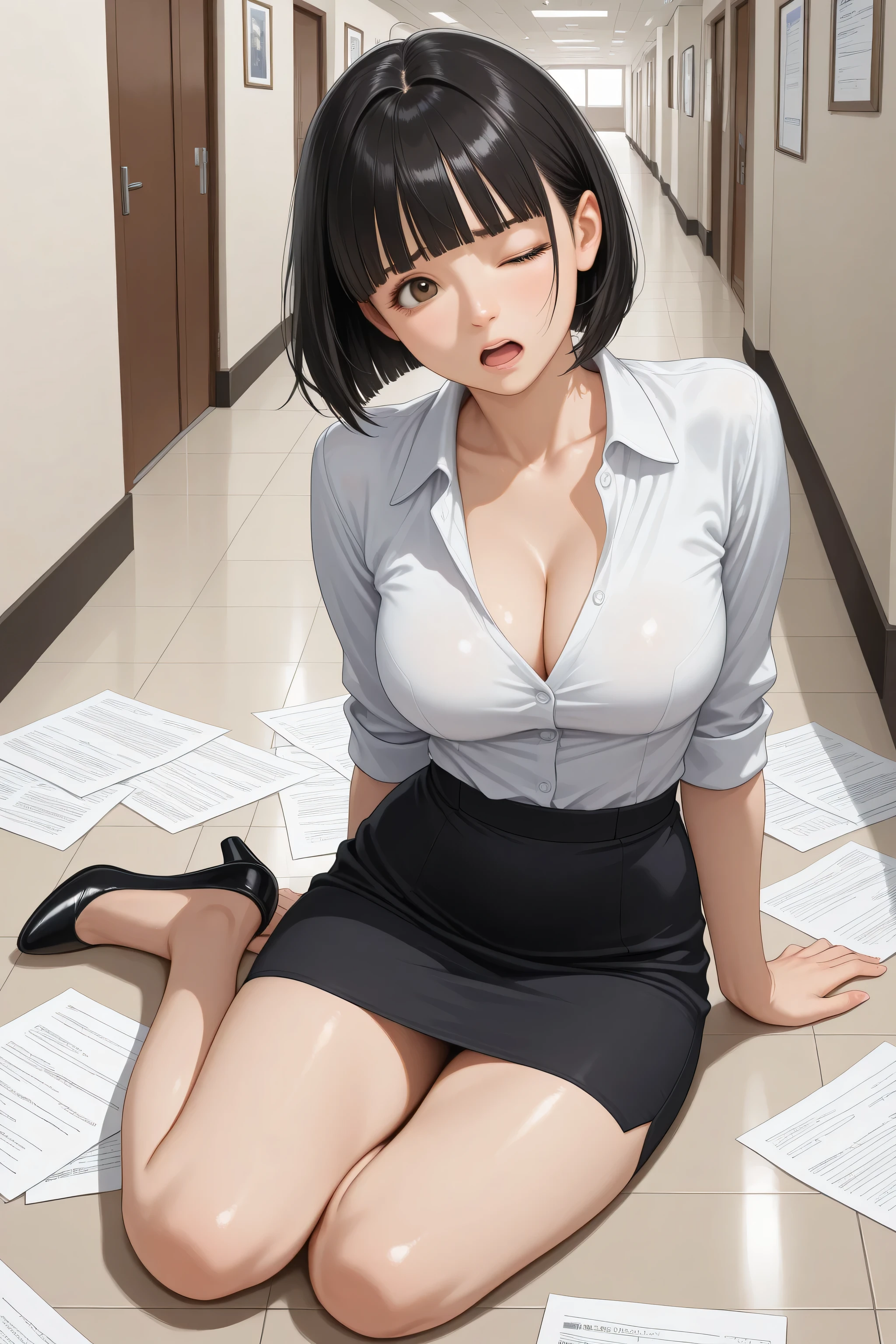 (1 person、alone), Beautiful woman, (Anatomically perfect body, Slender、(OL, officeレディ:1.2)、business suit、 (Look down:1.2)、24-years-old、(Highest quality)、Black Hair, (half updo:1.2), (office)、(8K, High resolution)、(shy:1.4)、small breast, (Thin legs、Small Ass)、(steam:1.1), (embarrassed:1.3)、High definition face、(Pussy juice:1.2), (extra detailed panty), (Sitting on the floor:1.3)、(Hold your knees、knees to chest:1.1), (hands to pussy:1.3), High heels