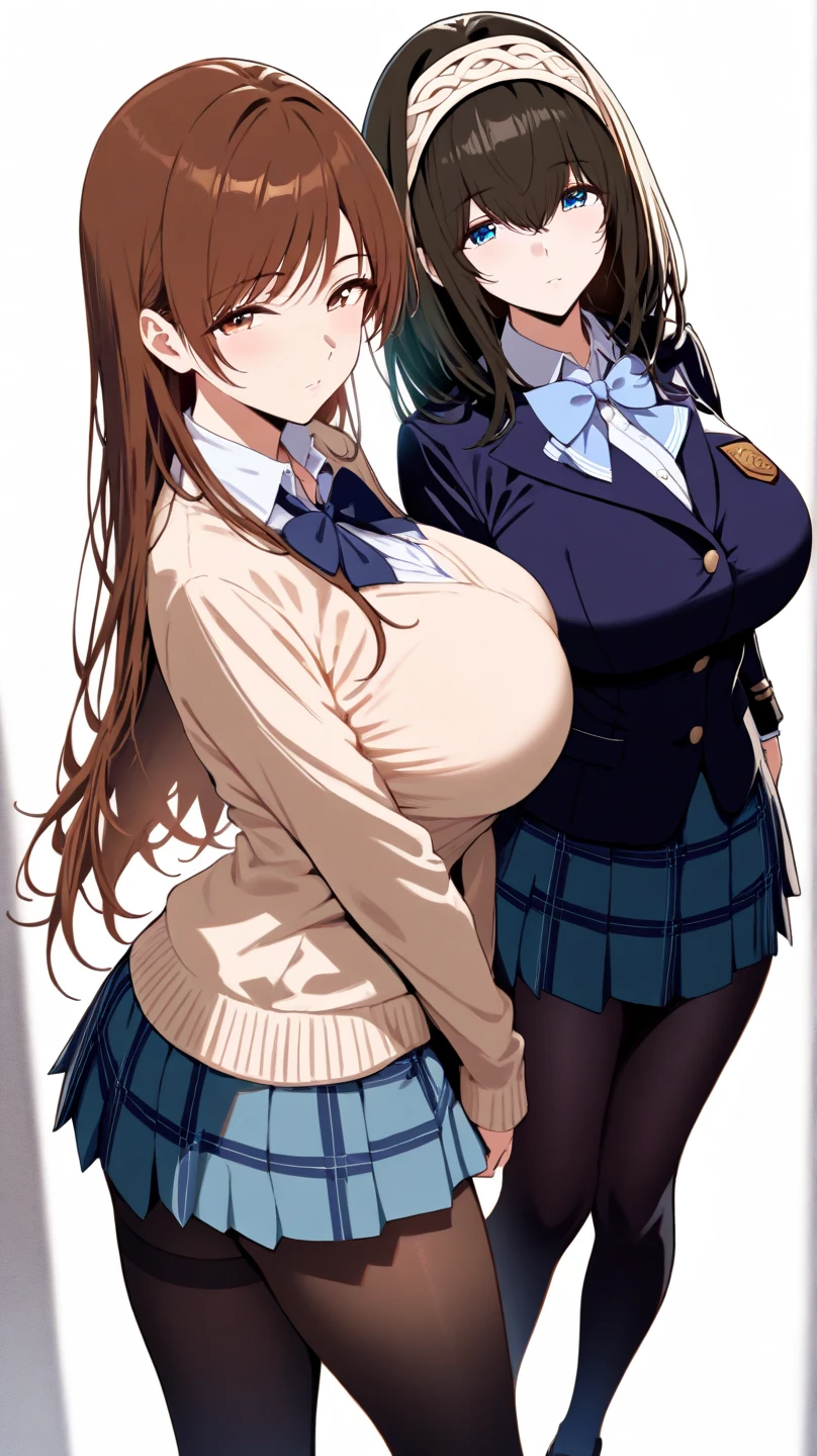2heads, a short chubby woman with 2 heads. She has gigantic breasts. She looks very nerdy. She has frizzy hair. She is wearing a schoolgirl outfit. Her enormous breasts are nearly causing the outfit to rip. She is embarrassed. Her breasts are massive.
