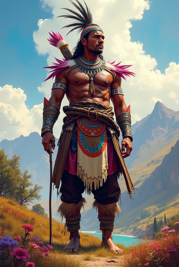 picture of an adult male warrior，Tribal outfit，Skins，Carry a spear