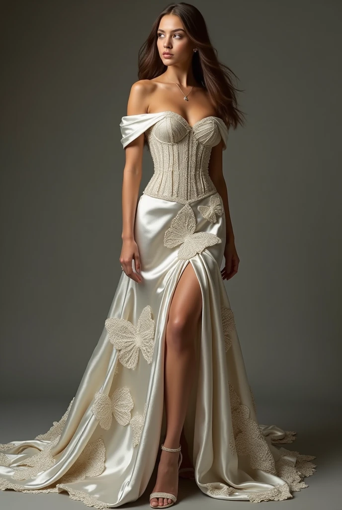 A very beautiful slender sexy bride in a cream-colored wedding dress with a beautiful long veil of full body, full shot, photorealism, intricate lace patterns and intricate patterns in detail and details, standing in partial shade between the pillars of a beautiful building. On the face and body, the bride holds a wedding dress with her hands, the pose is a beautiful sexy C-shaped stiletto of cream color with an intricate pattern, the bride's face is Japan person, perfectly beautiful proportions are neat facial features, the eyes are bright patina eyelashes are long and fluffy, the bride's physique is thin and graceful, her legs are graceful and longer than the body, graceful hands of precious jewelry, Beautiful diamonds on the bride's head, natural detailed skin, pore skin, natural radiance of skin, skin color is perfect, cheeks are slightly reddish, long blonde hair wavy to the knees flows beautifully to the smallest detail, Lighting side daylight soft, hyper detail, sharp focus, photorealism, naturalism, jelly geonis style, big