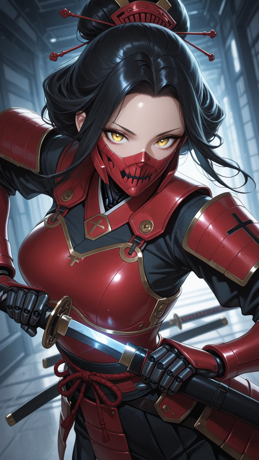 Woman in black and red Armor, black and red shoulder length hair, black mask with red lining, red and black gloves, floating, pentagram below her, raining blood, looking down at viewer