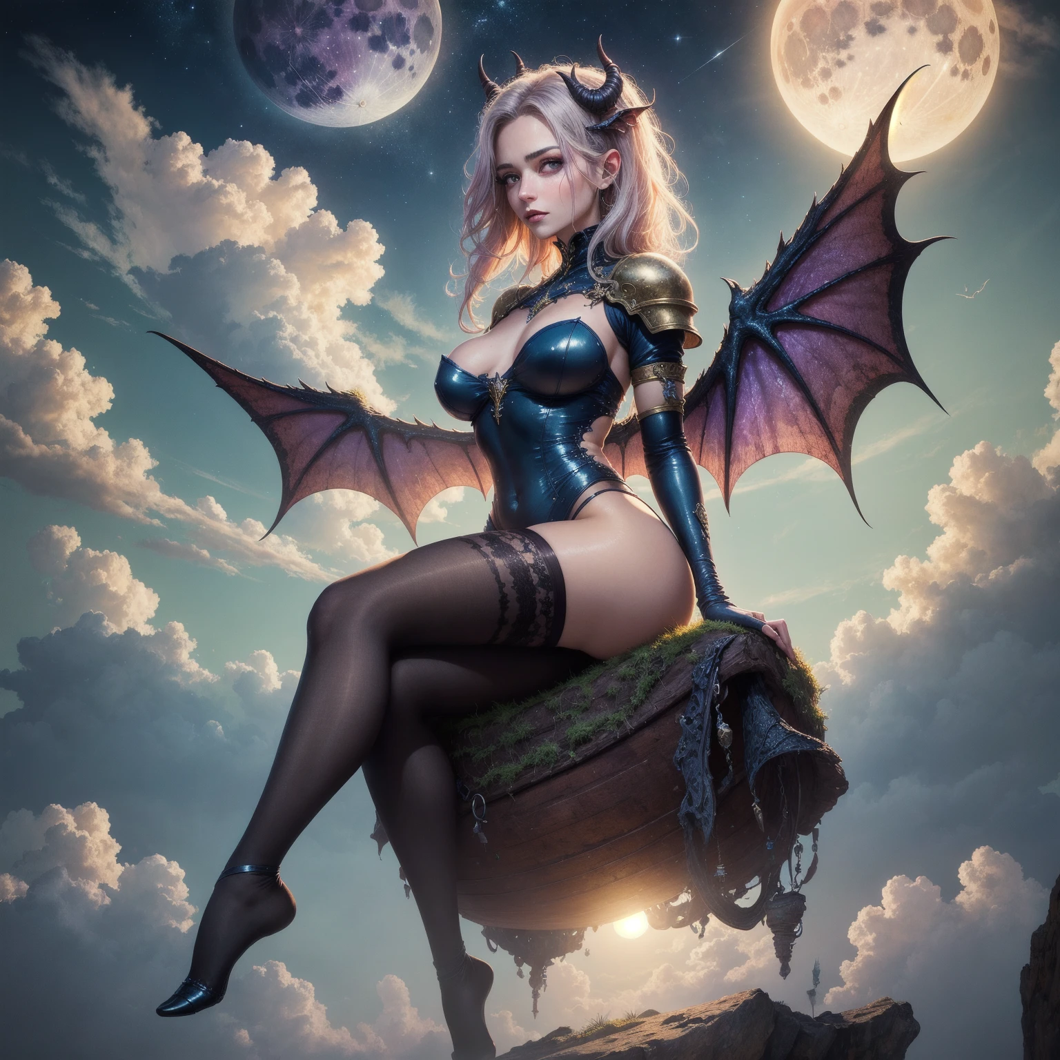 ((best quality)), ((masterpiece)), (detailed), alluring succubus, ethereal beauty, perched on a cloud, (fantasy illustration:1.3), enchanting gaze, captivating pose, delicate wings, symmetrical wings, otherworldly charm, mystical sky, (Luis Royo:1.2), (Yoshitaka Amano:1.1), moonlit night, warm colors, colorful, (detailed cloudscape:1.3), (high-resolution:1.2), (front view)