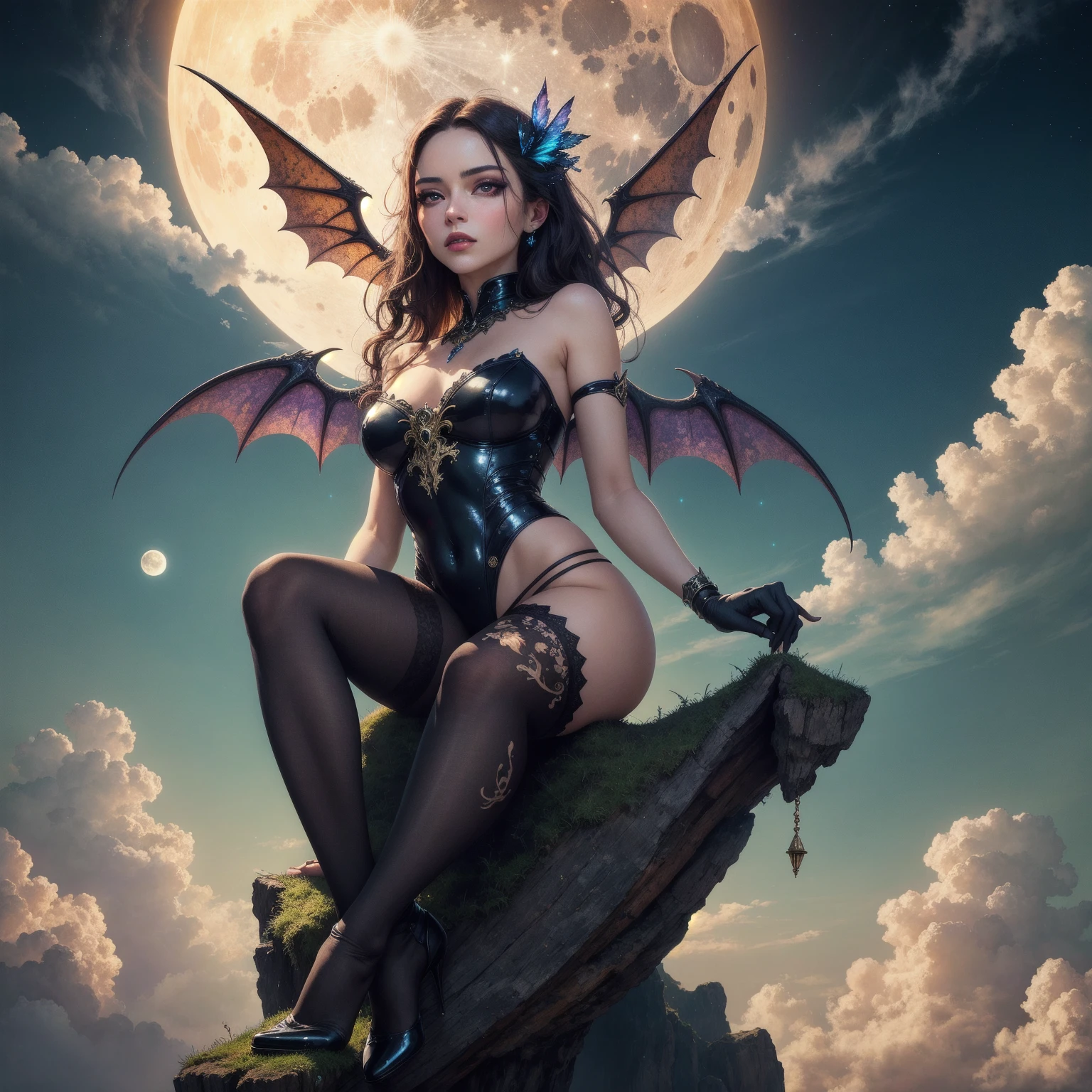 ((best quality)), ((masterpiece)), (detailed), realistic eyes, black hair, black leather outfit, armor, evil landscape, alluring female witch, BREAK ethereal beauty, sitting on a dead tree, (fantasy illustration:1.3), enchanting gaze, captivating pose, solo girl, otherworldly charm, mystical sky, BREAK (Luis Royo:1.2), (Yoshitaka Amano:1.1), moonlit night, soft colors, (detailed cloudscape:1.3), (high-resolution:1.2), (bats flying in the sky in the background),bat, thong, BREAK legs dangling above lava, evil goddess, realistic, realism, , glowing torches, long leges, skinny , perfect exposed boobs, tattoos, sultry look, seductive
