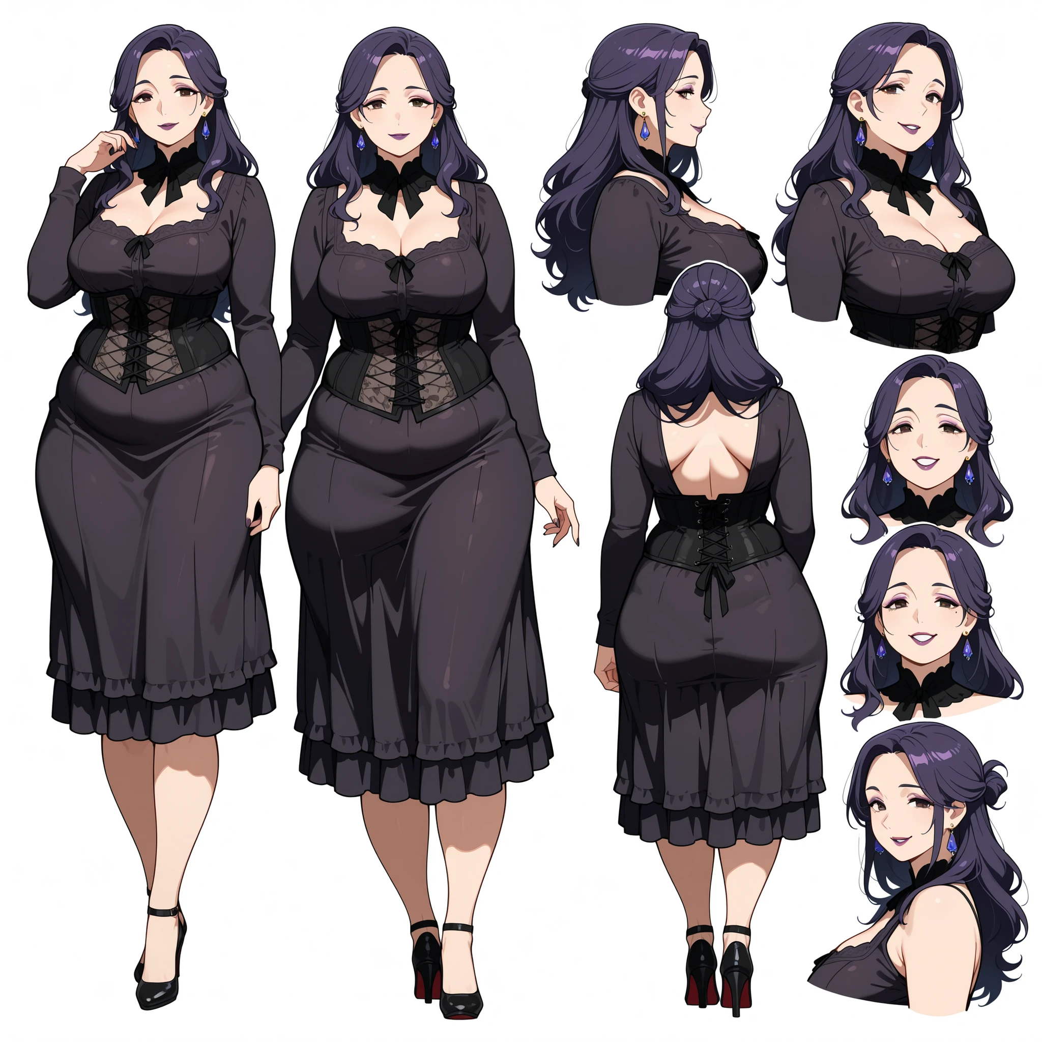 Masterpiece, best quality, character design sheet, ((mature goth woman)), clean lineart, multiple poses, makeup:0.7, loose hairstyle, hazel eyes, long hair, dark violet hair, white background, plump curvy figure, color palette swatches, front view, side view, back view of character:1.2, animation-ready style, eye smile, victorian inspired corset dress, drop shaped earrings, clean professional layout, partially obscured heels, forehead