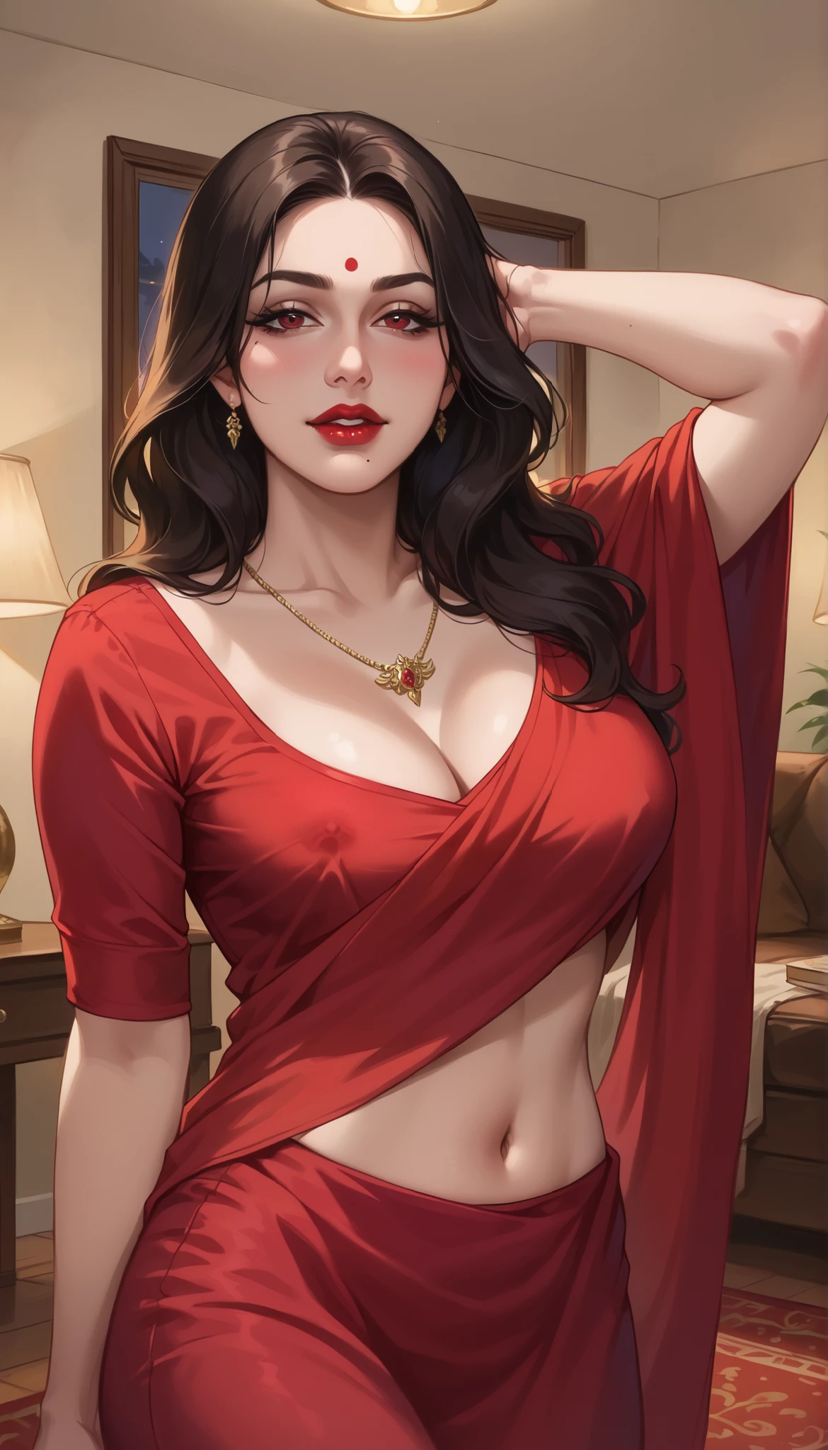 score_9, score_8_up, score_7_up, 1woman, mature woman, perfect face, perfect body, housewife, slim figure, forehead, forehead mark, red mark, black hair, messy bun, wavy hair, black eyebrows, natural eyebrows, red necklace (red crystal necklace, red eyes, half-closed eyes, looking at viewer, thick eyelashes, black eyeliners, nose, red thick lipstick, lip bite, mole under mouth, looking at viewer, blushing, horny, seductive expression, provocative pose, beautiful girl, medium breasts, red blouse, cleavage, nipple peek, red loose skirt, (transparent loose long skirt), navel, standing, hand behind head, sexy position. luxurious indoor background, in the night, dark, night time, living room, body shot.