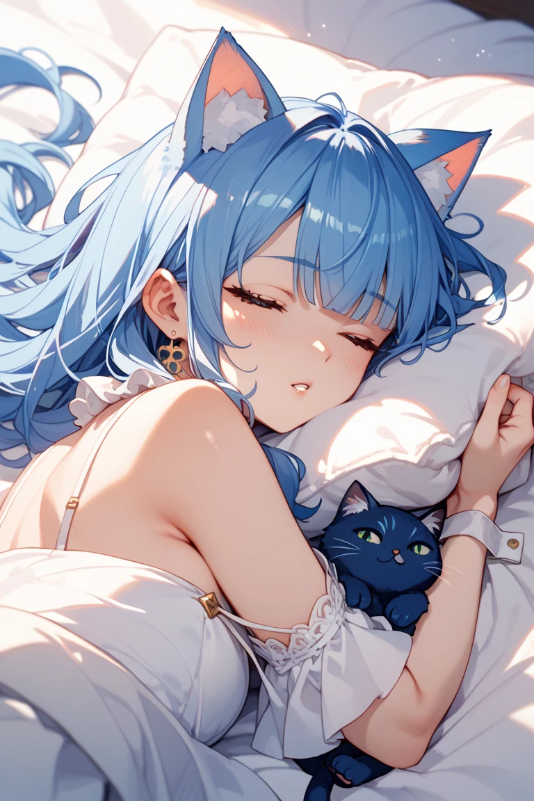 beautiful illustration, best quality, cute girl, bedroom, pastel color,cat,oversized sleepwear,shoulders visible,cleavage, shoulder strap slips,from above, no bra,sleepy,pov