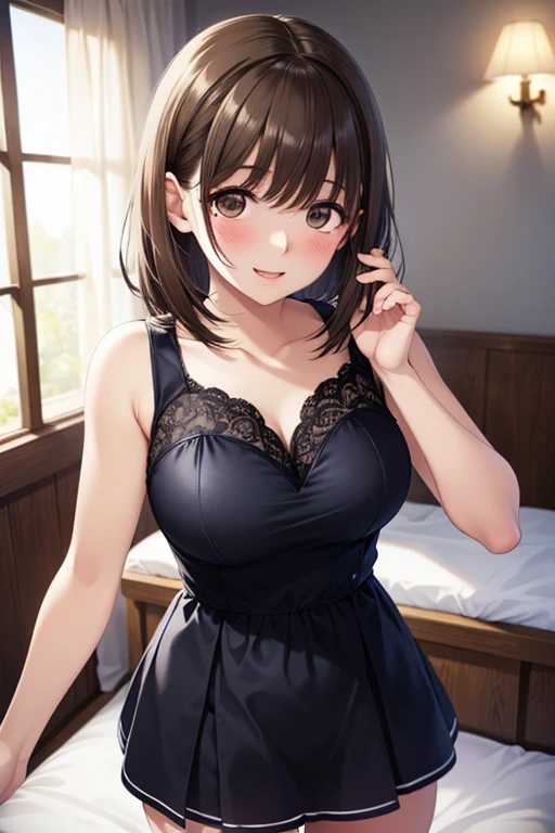 best quality, detailed face, highres, 1girl, middle breast, smile, black dress , gray miniskirt, good anatomy, looking at viewer, soft focus, cinematic lighting, depth of field, ((happy expression)), middle hair, bare legs, outdoor, asymmetric hairstyle, Three-Quarter Angle, sit on sofa