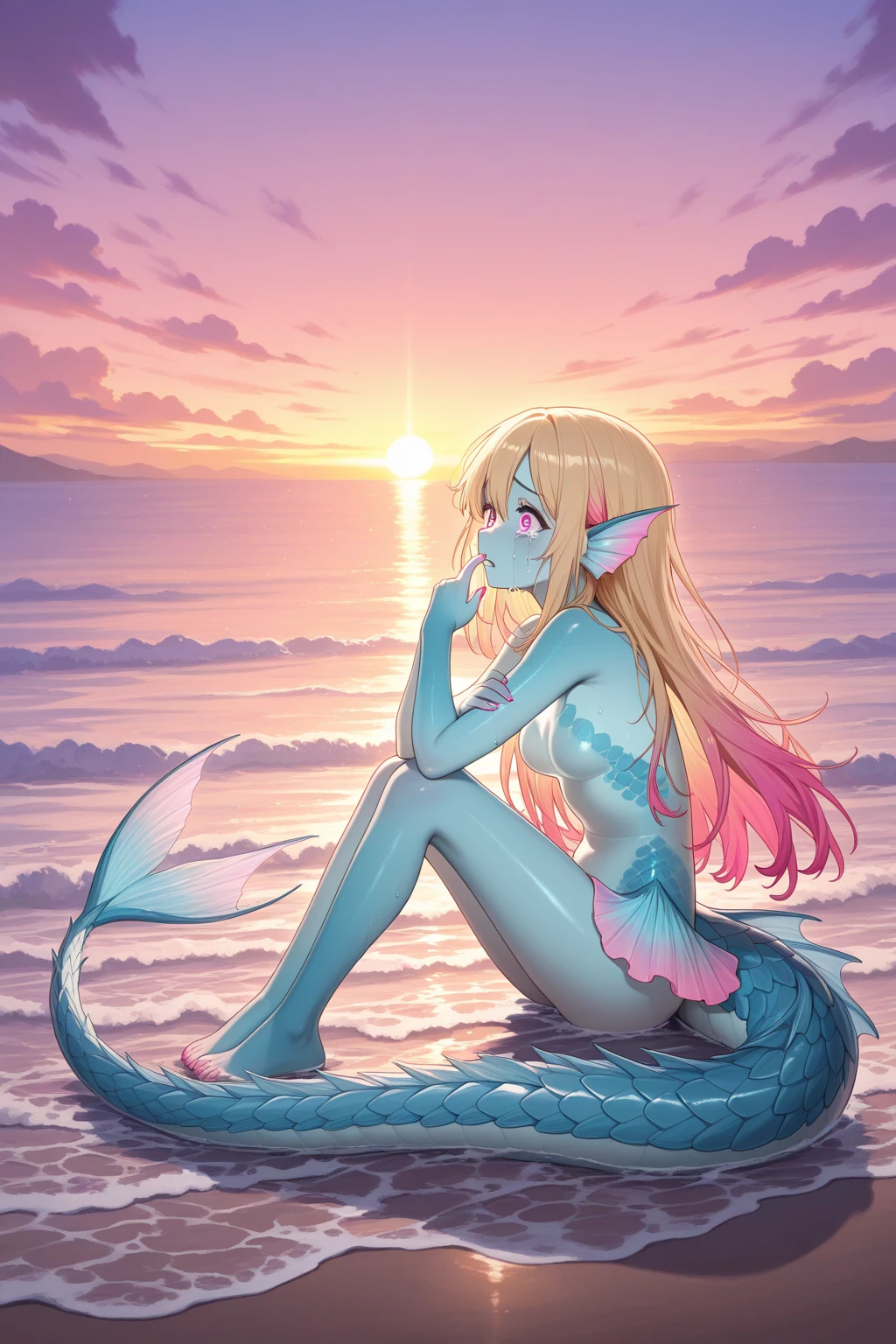 score_9, score_8_up, score_7_up, best quality, masterpiece, 4k, uncensored, prefect lighting, rating_explicit, very aesthetic, source_anime, nsfw, 1 mermaid girl, (blue skin:1.4)  Squirting, shriveled body, solo, blonde long hair with bangs, crying, open mouth, wrinkles orange fins on ears, fish scale body, crawl on all fours, dry skin, cracked skin, desert, Strong sunshine, (small breasts, sagging breasts, old breasts:1.4) pussy juice, breast milk,