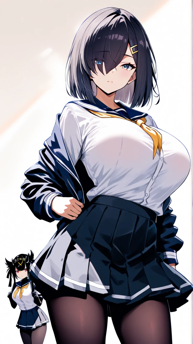 1 hot girl, dark hair, dark grey eyes, grin, gorgeous, aasugu, short hair, hairclip, grey sweater, black sailor collar, yellow neckerchief, black skirt, huge breasts, thighhighs