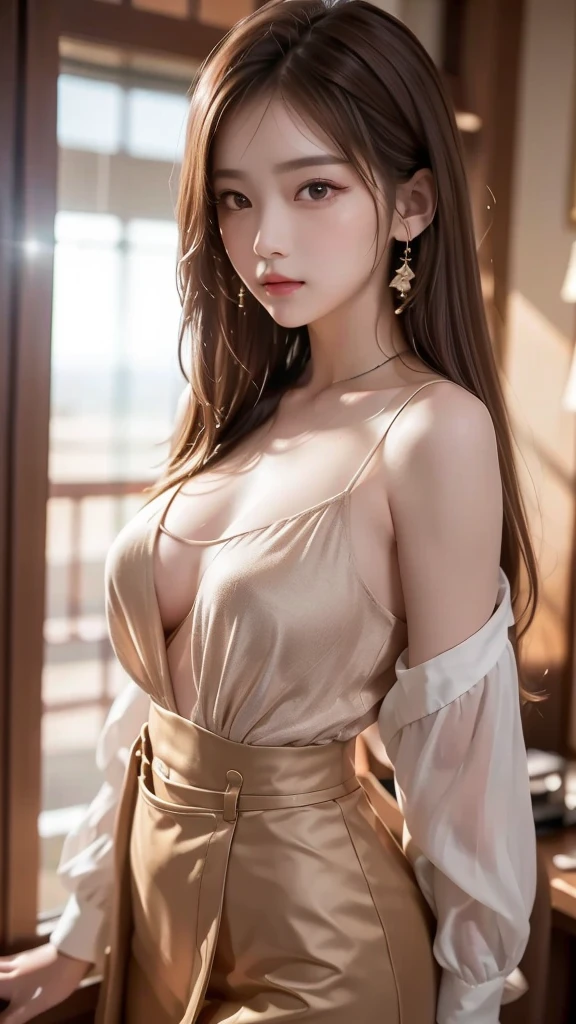 (masterpiece), (Best image quality), 8K resolution, Supermodel body type, (((realism))), 22 years old、 Small face, No makeup、Beautiful Face, Beautiful and beautiful eyes, Big Breasts、Silk dress、Sexy pose、One Woman