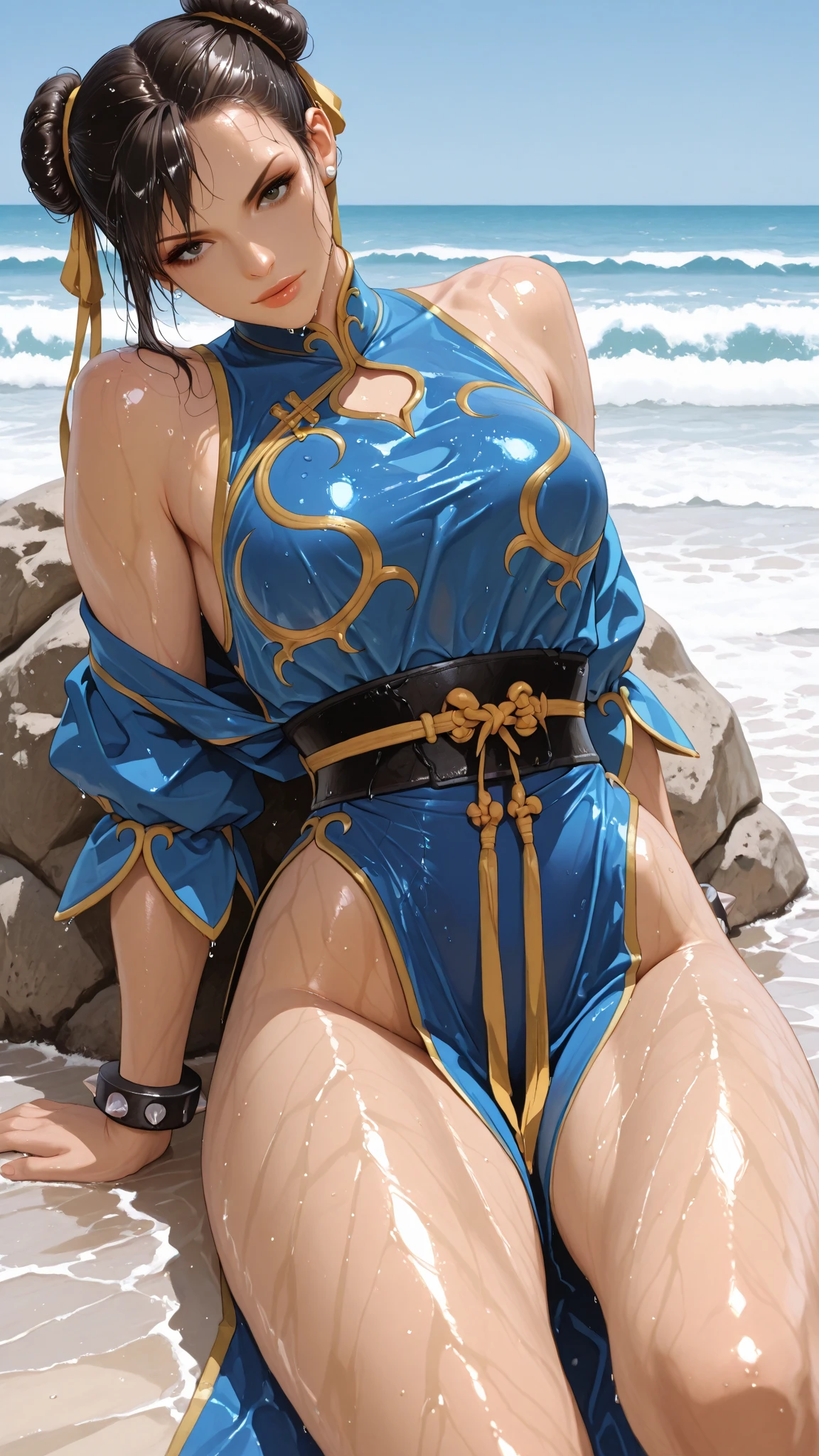 Obra maestra, La mejor calidad, teen ((Katara)), Entonado, dark skin, trenza, jewely, Mirando al espectador, vestido corto, vestido levantado, vestido blanco, on the river, sol, Revelar bajo vestido, normales senos, no shoes , Mostrar bragas blancas,  (ojos azules:0.6), mostrar piernas, sexy pose