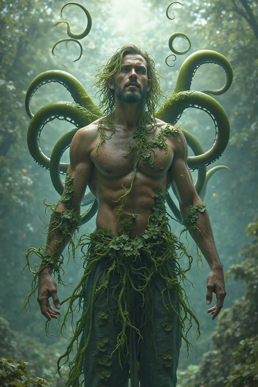 A super high-resolution 3D image of a man with an extremely horrified expression as the seaweed appears to grow inside him, wrapping around his veins and taking control of his body. His face shows clear signs of fear and despair.in the forest,darck,Green light