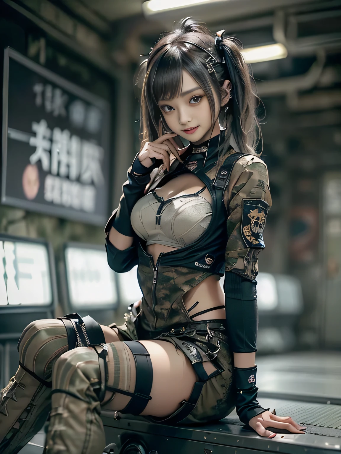(Full Body View:1.2)、(Side view:1.1)、(Please smile with your teeth showing:1.3),(Shibuya Gal:1.5)、(Gothic Lolita style fashion:1.5)、(Tattered khaki and gray futuristic micro high leg bodysuit:1.5)、(Tattered Khaki and Moss Green Micro Fancy Sleeves:1.5)、(Tattered khaki micro shorts:1.5)、(Brown and khaki knee socks:1.3)、(camouflage:1.3)、(Military jacket:1.4)、Brown boots、Khaki gloves、internal、(The underwear is striped:1.4)、23 years old、(do a gravure pose:1.3)、((Highest quality、8k、masterpiece:1.3))、One girl、The beauty of slim abs:1.3、(Hairstyle Casual、Big Tits:1.1)、dress:1.1、Super small face、Narrow eyes、double eyelid、Laughter、Esbian all over body、Dynamic Angle、Close-up、CPL Filter、Blurred Background、Bokeh、Blue Hour、Detailed face and skin texture、Detailed Eyes,(Twin tails:1.3)、(Brown-golden hair:1.4)、Gravure idol pose、(The background is a person riding a motorcycle:1.3)、(The body is slim:1.2),(Slim legs:1.4),(clavicle:1.1)