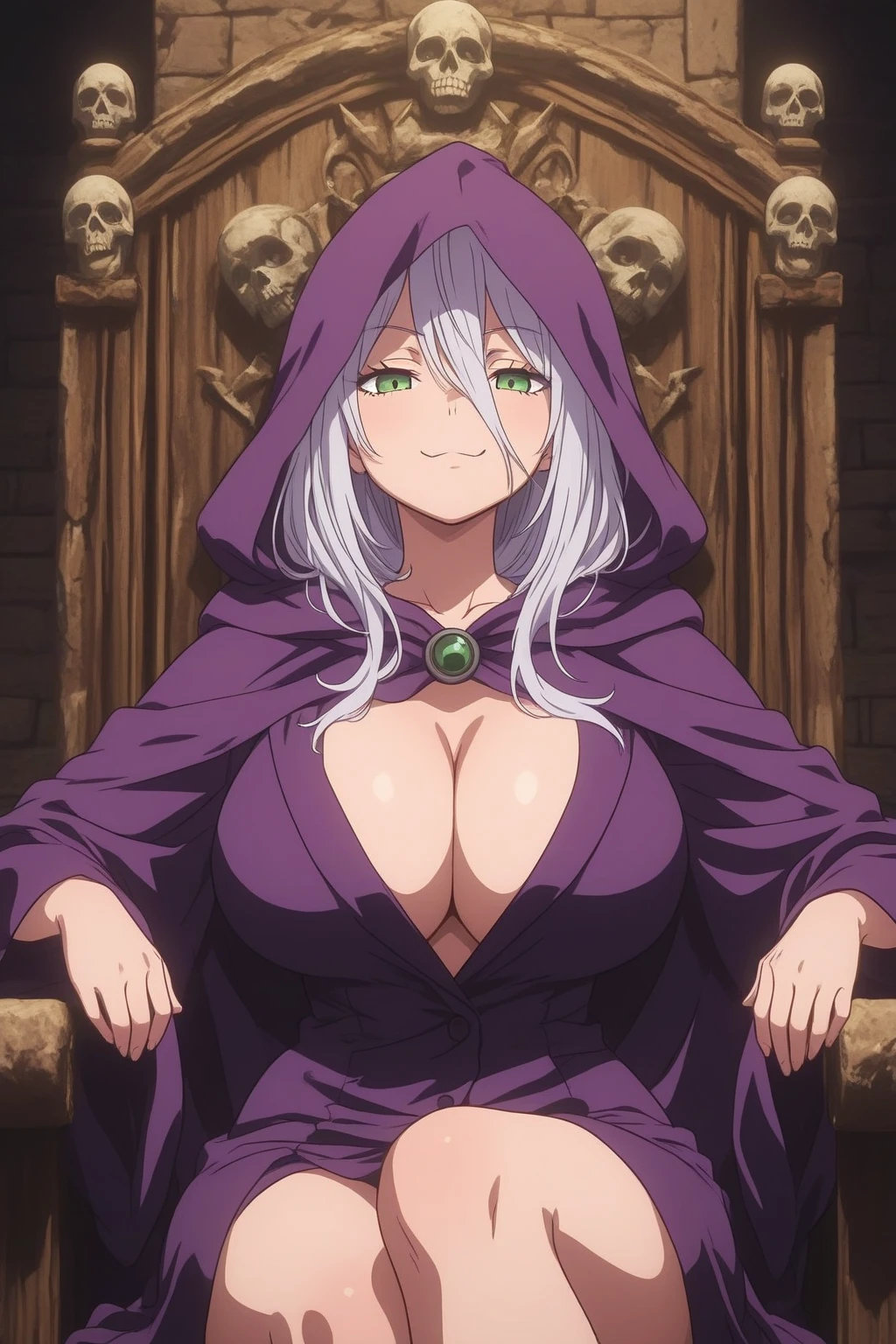 (masterpiece, best quality:1.2), 1girl, solo, female, silver hair, long hair, Violet eyes, 170 cm, 5'7", freya from danmachi, grey hair, hair ornament, swept bangs, choker, bare shoulders, cleavage, huge breasts, navel, mature female, naked, fullbody naked, bare, completely bare, naked, completely naked