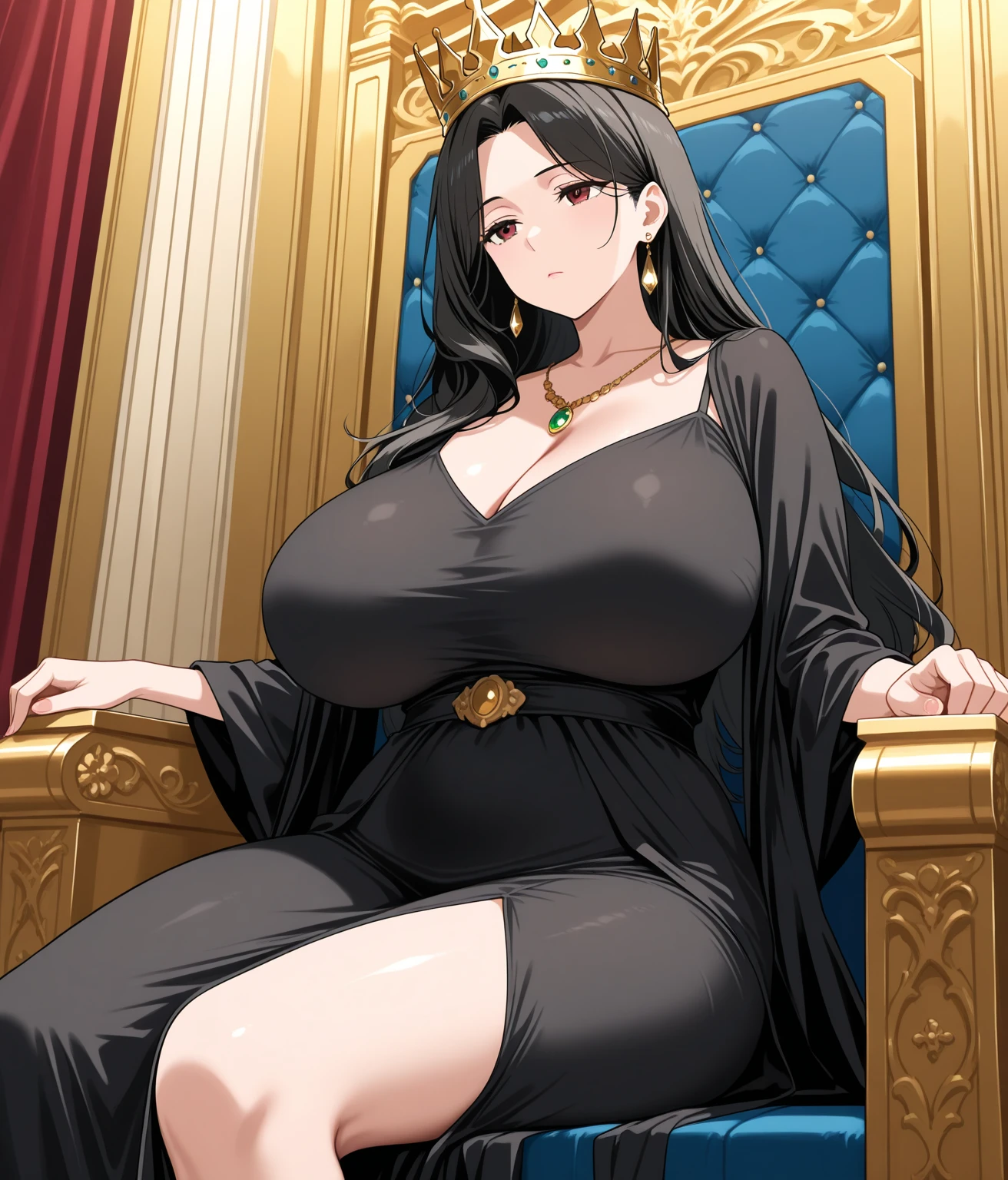 Perfect detail, Special details, Highest quality,,expensive、Empress,A satisfied smile 、Confident face,Triumphant Face、conceit、わがままEmpress、sense of beauty、Overwhelming Dominance、Overwhelming power、Overwhelming destructive power ,Gasping face、Elegant face、View Viewer, Brown Hair,Wavy hair with bangs Braids,Clear,Super big breasts , Side bang, Partially exposed forehead, , Perfect body, Tolerant、Large Breasts,Butt.Sweaty body blush, Cleavage、Court dress、Gold Jewelry,Gold Bracelet,Gold Collar、 Luxurious crown,, necklace, Pursing your lips、 A light smile, Drunk, expensiveディテール, Depth of written boundary, 1080P, 16K, Awards, High resolution, Highest quality, masterpiece, 超High resolution, Anatomically correct, Super detailed、Realistic、Perfect bodyライン、Her big breasts overflow from her bra Full body image Sitting on the throne of the great palace Empress Supreme authority Giving instructions to his servants