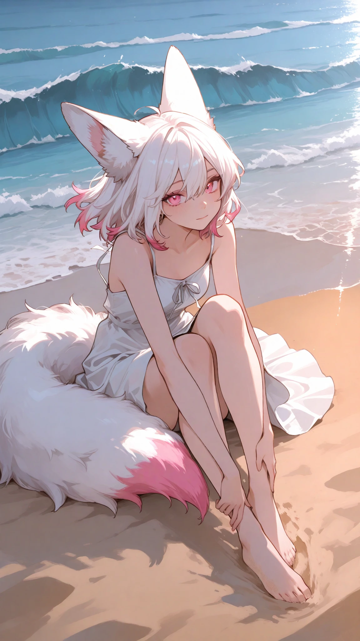 Best quality,Masterpiece,green string bikini,Manteau blanc,(Fox facial features,Physical characteristics of a fox,Hair and shoulder length),Small stature,bit girl,((White body,White arms,White legs,White eyes, White fox tail)),beach background, female, furry, anthro, legs spread, sitting down, knees up, blushing, small breasts,