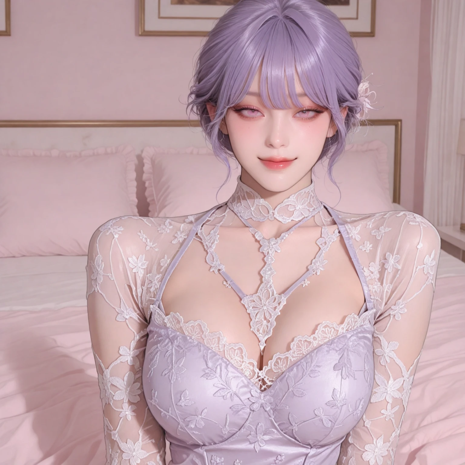 ((masterpiece)), best quality, absurd, Super detailed, holographic, Cowboy shooting, super cute girl, mature girl, super beautiful asian girl，Has very beautiful violet glowing eyes, Beautiful glowing white multicolored hair, Beautiful and sexy body, slim, Perfect body, Wearing super tight anime print flat underwear, anime print super tight shirt, Super pretty pink jacket, looking into the glowing mirror, See different versions of her from other universes