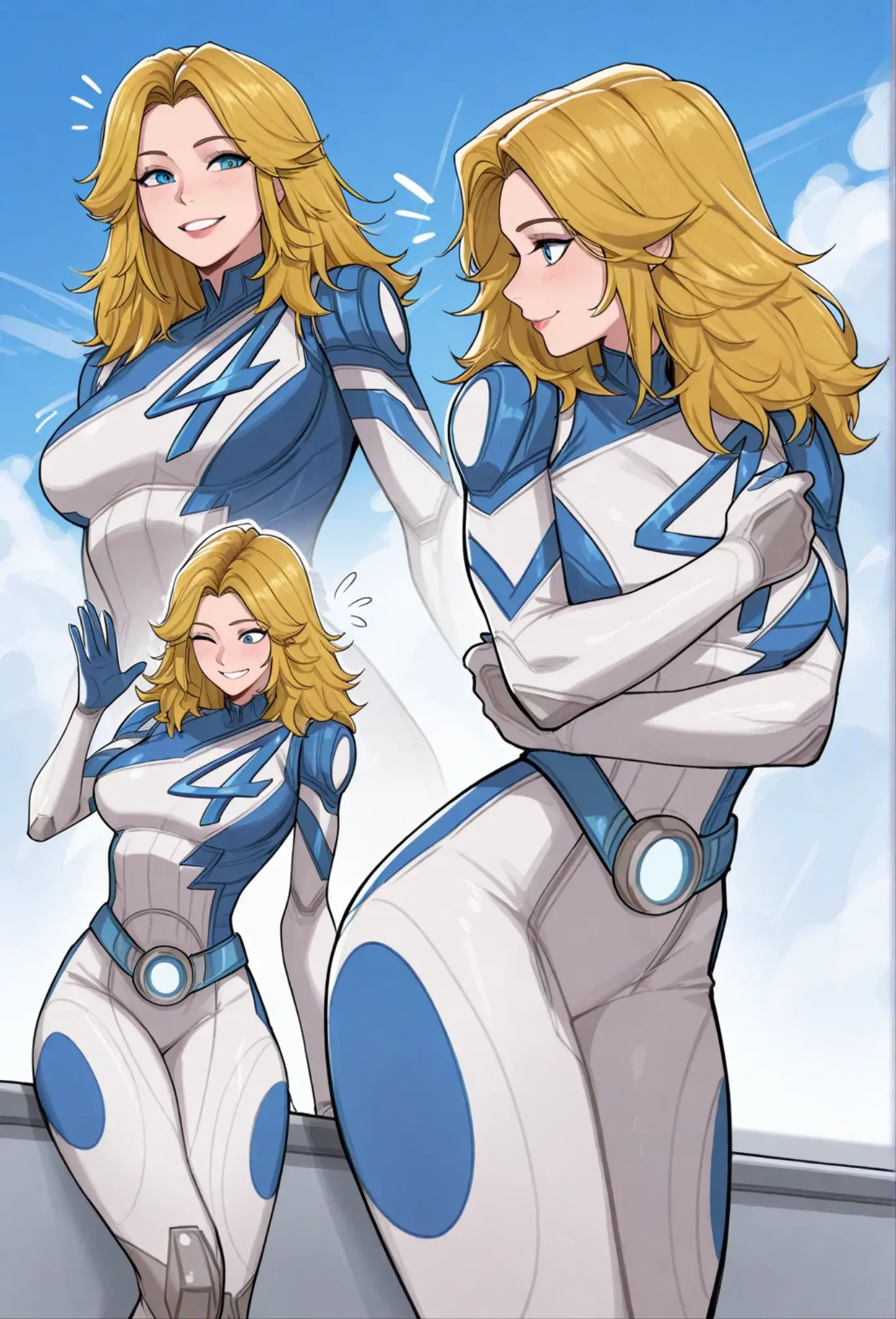 ((great detail)), (masterpiece), 3 girls, youths, posing together, firmly, blonde hair, yellow eyes, pink lips, White skin, dressed in white X-Men costumes, and a short coat of white fur, with small smiles, in the middle of a battlefield, at daytime, 4k, HD