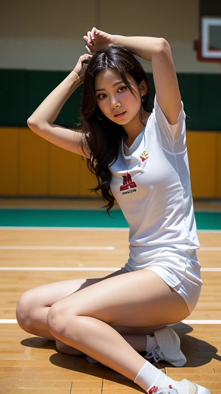 (Vistiendo uniformes de pista y campo de atletismo.), (Cuerda shibari atada sobre uniformes de pista y campo de atletismo), arms behind your head, (cuerda shibari atado brazos), hands behind head, (cuerda shibari atado con las manos), cuerda shibari atada al pecho, (Postura de sentarse), (Levantamiento de piernas), (piernas abiertas), cuerda shibari pierna atada, detailed pussy line, Camellote detallado, Estadio de atletismo lleno de gente por la noche, visto por muchos hombres, Pista terrestre, Atletismo, QUEBRAR, Belleza incomparablemente incomparable y ternura incomparable. Cara de dama japonesa., (Cara realista detallada), (Small facial features), (piel real), ojos realistas, Hermosos ojos, (realskin), pelo corto, 150 cm de baja estatura, figura delgada con curvas glamorosa y tonificada musculosa, mega grandes pechos reventados, escote, sin sujetador, (pezones detallados de pie), Sudar ligeramente por todas partes, (detallado real despues de afeitar axilas), (realskin), Piel hermosa, QUEBRAR, (Masutepiece:1.3), (8k, fotorrealista, Raw photography, La mejor calidad: 1.4), ultra-high def, hyper-realistic, high resolusion, Vista frontal, (Toma de cuerpo completo:1.5).