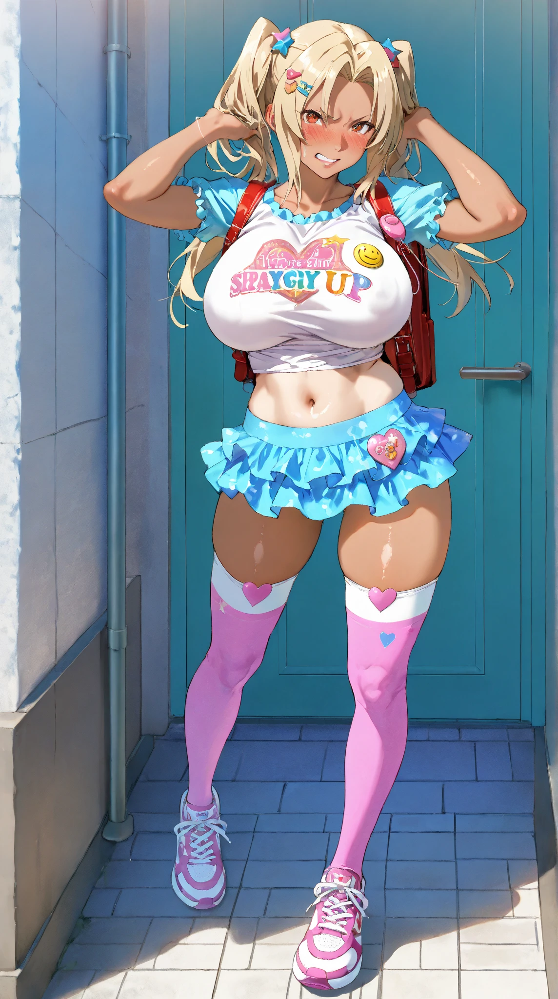 Sexy college sorority girl wearing a (big diaper), standing in front of her lecture hall, ((embarrassed)), center of attention, pleasure, (kinky), facing crowd, sweatshirt, sneakers, striped stockings, colorful, fantasy, (magic), (magical fog), mature, (big breasts), wide hips, blushing, stage, stage lights, ((vulnerable)), kinky, blonde, ((blushing)), surprised, raised eyebrows, shocked, ((orgasmic)), (((hypnotized))), (hypnotic), drooling, (submissive), ((glowing pink eyes)), (pink iris), (magic), ((relaxed)), ((ecstasy)), collar, big lips, bimbo, long lashes, kissy face, eyes crossed, puppet magic, (((mesmerized)))