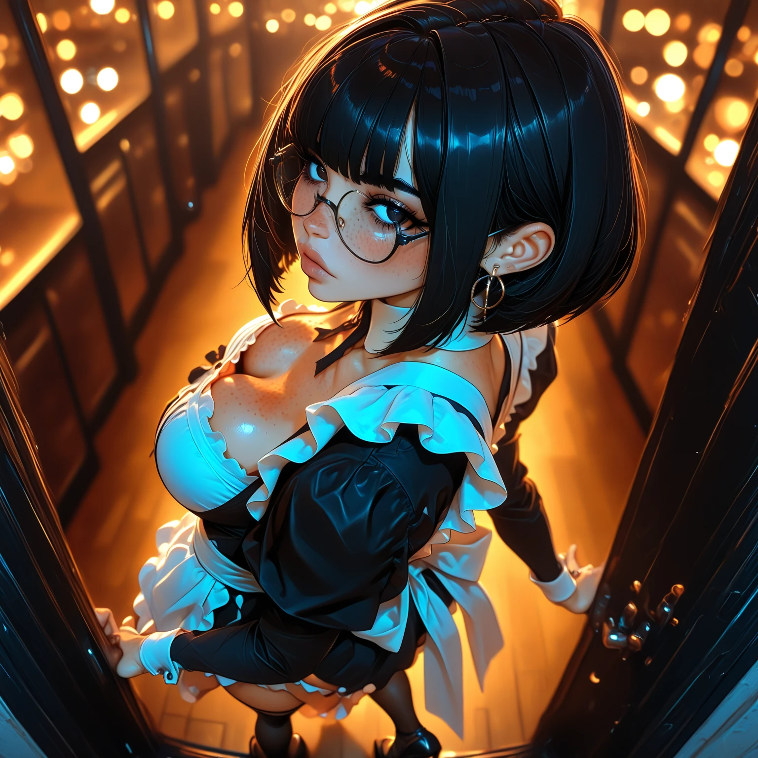 HD graphics，Two-dimensional style，Cute face，Wear a black and white maid outfit，Full body view of a 36D big-breasted girl wearing half-rimmed small glasses