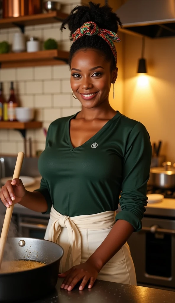 best quality, 8k, very delicate and beautiful, highly detailed face and skin texture, shiny skin, high resolution, huge tits sexy dark skin girl wearing white apron smile and cooking at camp in forest, sharp focus